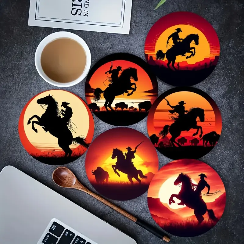 6 Pcs Western Cowboy Sunset Wooden Coasters Set, Vintage Horse Bison Silhouette Round Wood Drink Coasters, Rustic Farmhouse Country Tabletop Cup Mats for Coffee Tea Mugs