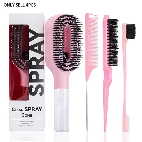 4-Piece Pink Hair Styling Set, 2-in-1 Spray Hair Brush with Refillable Water Tank, Fine Mist Hair Detangler, Detangling Brush, Edge Brush, Rat-Tail Comb, Hair Care Tool for Home and Salon Use, Ideal for Women