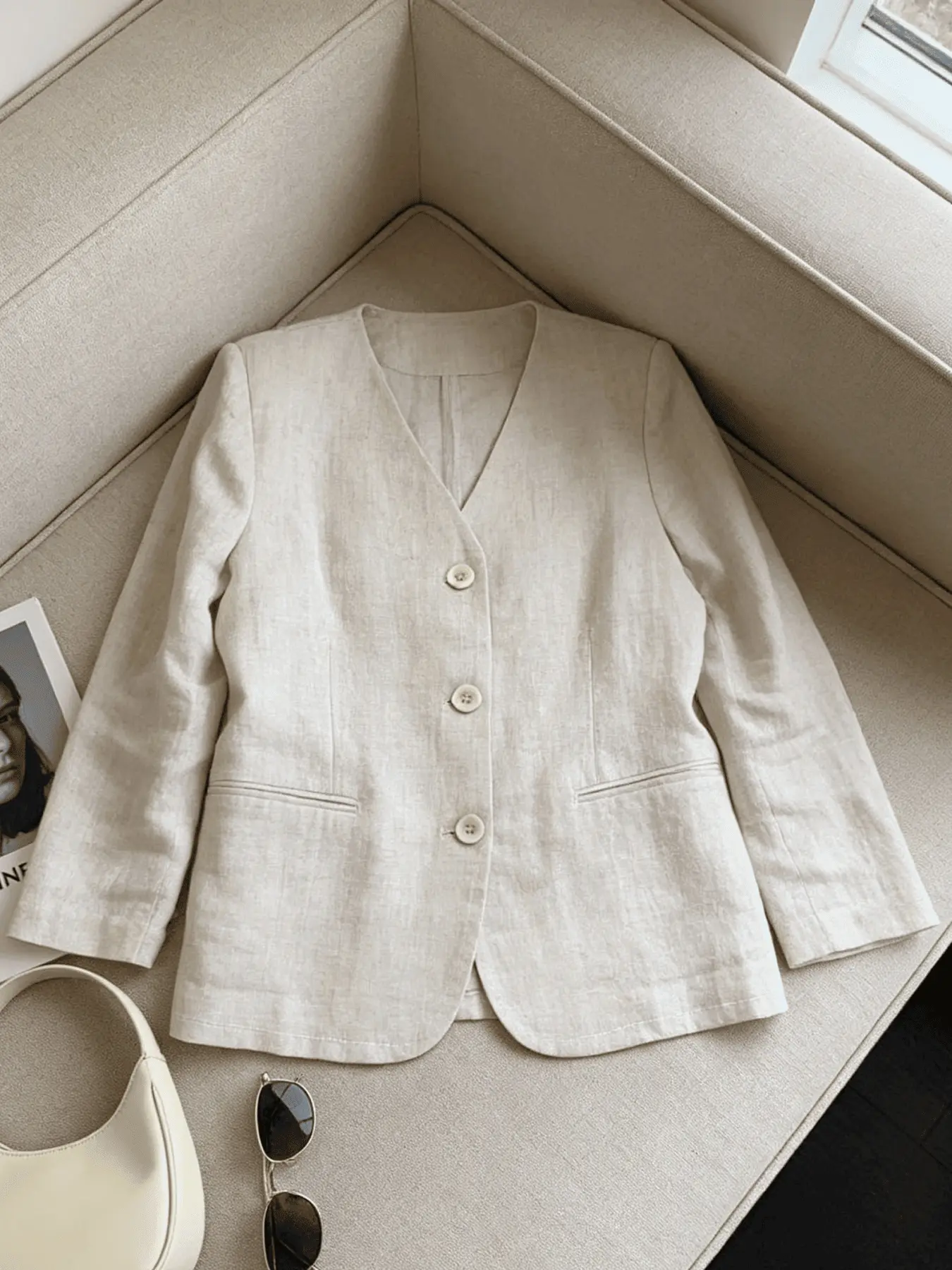 A women's fashionable beige casual small suit jacket, with a collarless V-neck to enhance the neck line, loose and micro shaped to hide flesh and show off weight, suitable for commuting, outdoor play, indoor and outdoor wear