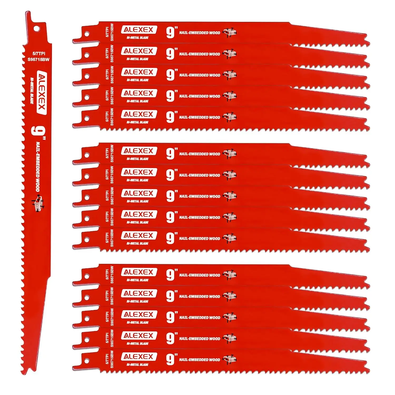 15 Pack 9 Inch 5/7 TPI Reciprocating Saw Blades for Wood and Nail-Embedded Wood Demolition, M42  Sawzall Blades for Wood Cutting and PVC Pallets etc, Compatible with Sawzall Blades