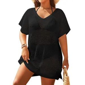 Yonique Plus Size Swimsuit Cover Up - Crochet Swim Cover Up Bathing Suit Short Sleeve Beach Dress DealsForYouDays