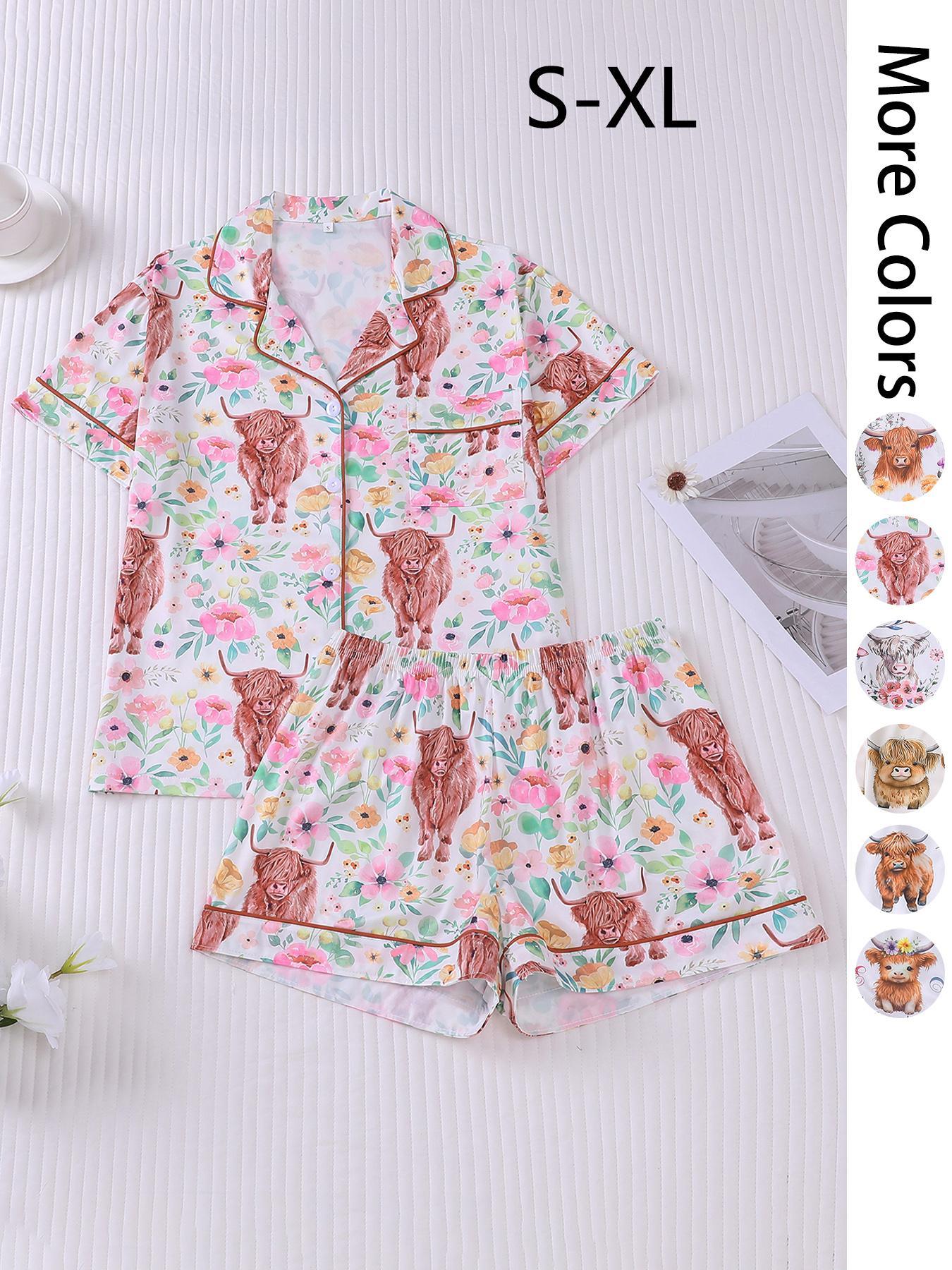 Women's All Over Print Pajama Two-piece Set, Casual Comfy Short Sleeve Top & Elastic Waist Shorts Loungewear Set, Ladies Summer Sleepwear