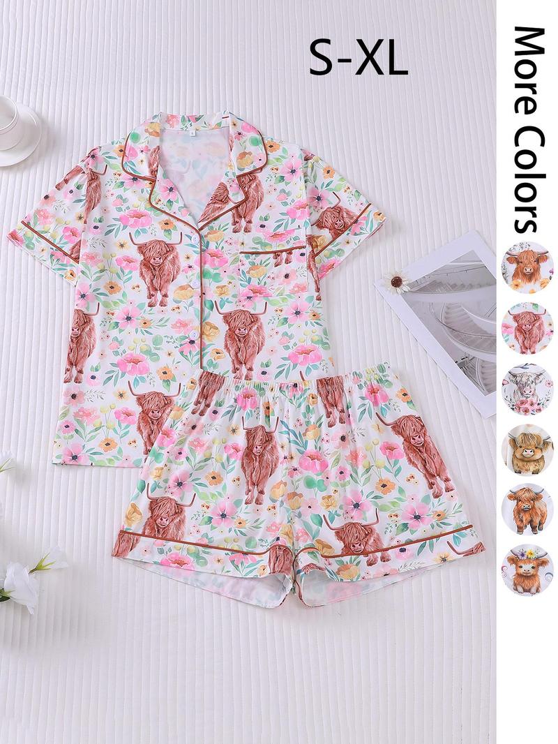 Women's All Over Print Pajama Two-piece Set, Casual Comfy Short Sleeve Top & Elastic Waist Shorts Loungewear Set, Ladies Summer Sleepwear