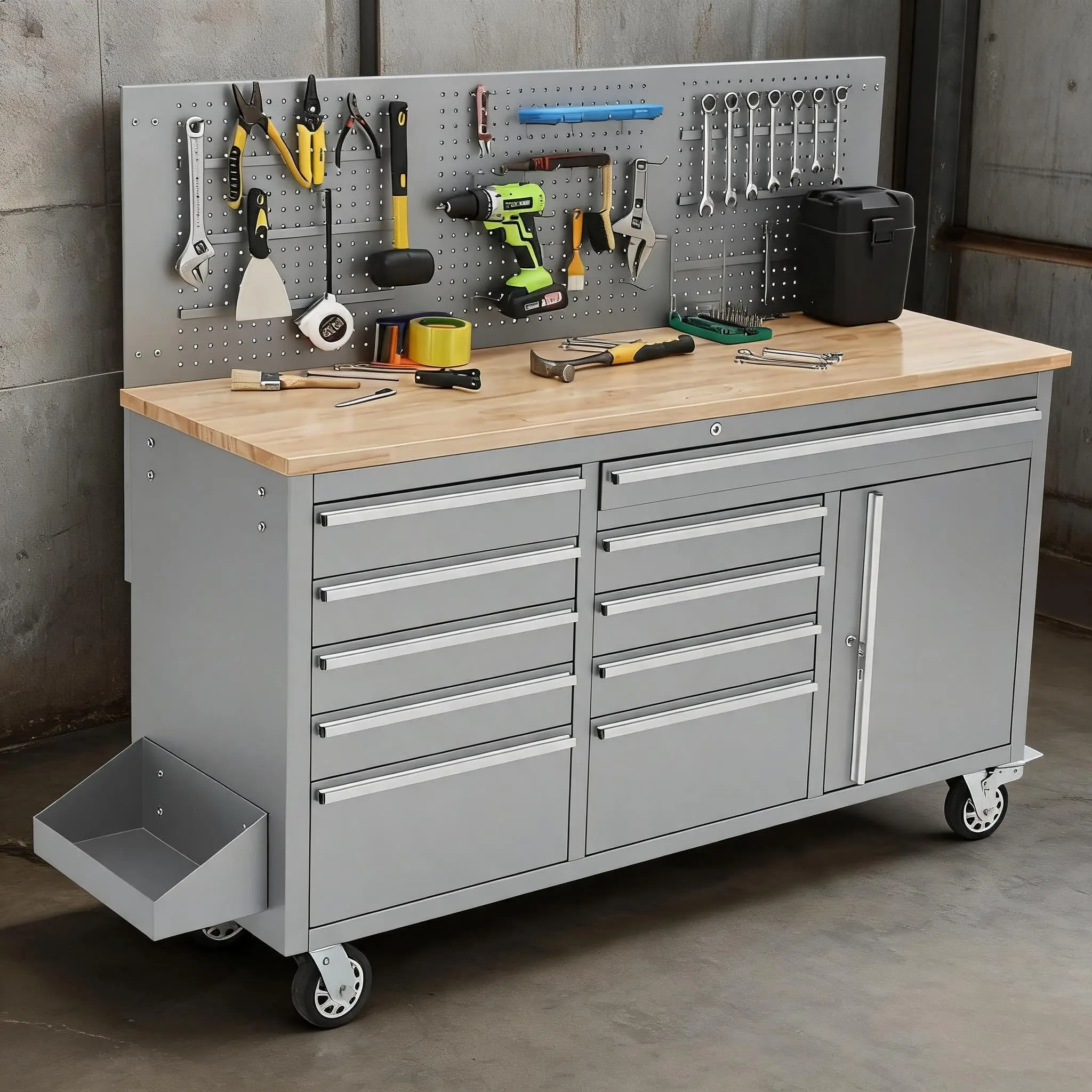 61-in Rolling Tool Chest - 10 Drawers, Solid Rubber Wood Top, Power Strip, Heavy-Duty Mobile Workstation & Rolling Cabinet, 1675 lbs Load Capacity, Silver/Black Options, Rolling Chest