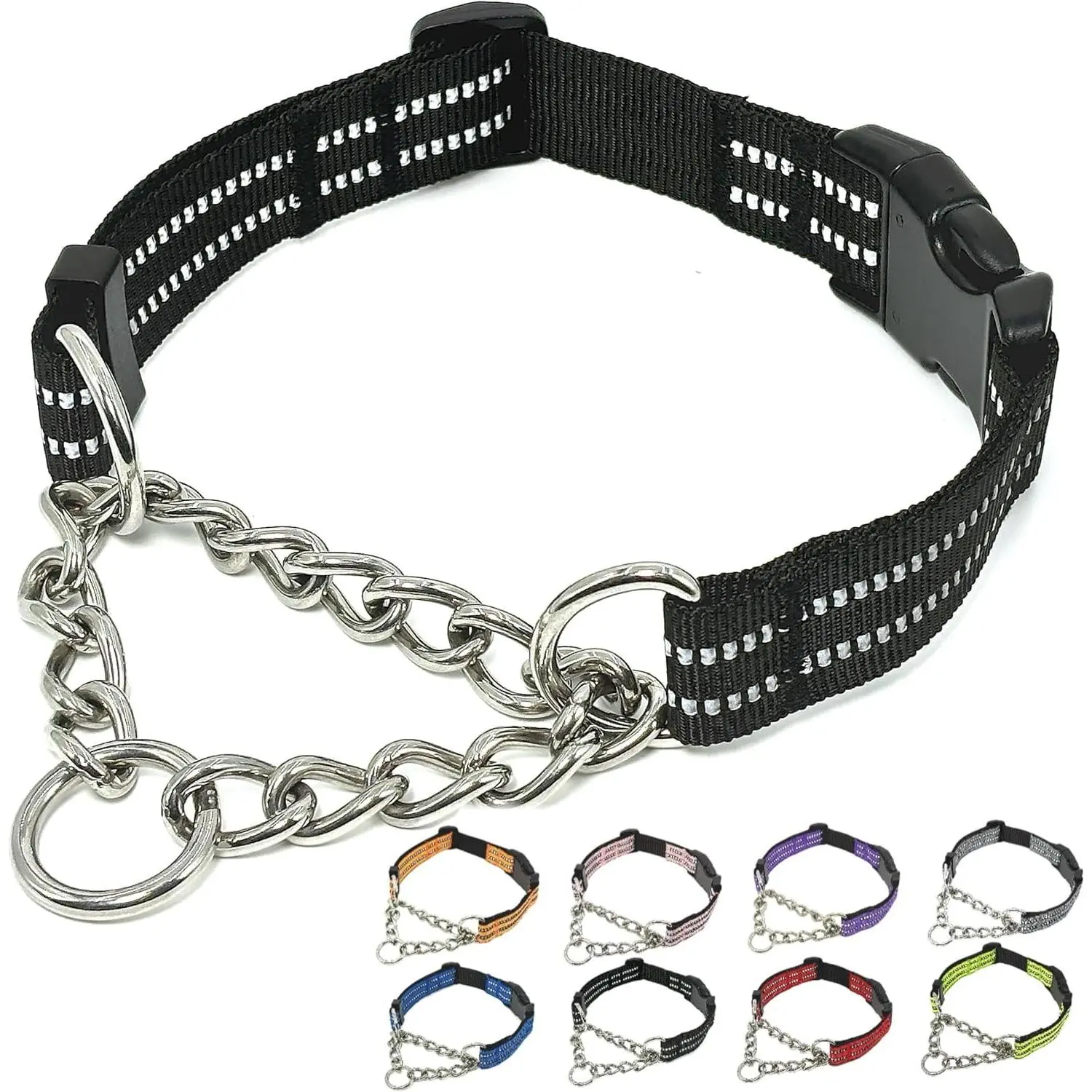 Martingale Dog Collars, Reflective Nylon Collar with Stainless Steel Chain, Adjustable Walking Training Dog Collars with Quick Release Buckle, Suitable for Small Medium Large Dogs(Black,L)
