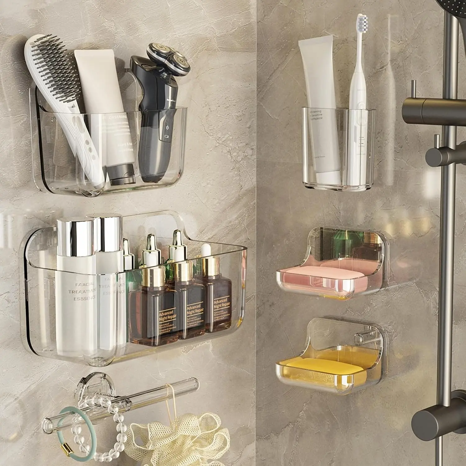 6-Pack Acrylic Rustproof Wall-Mounted Shower Caddy Set, No-Drilling Installation Bathroom Storage Shelves with Large Capacity for Soap & Home Decor