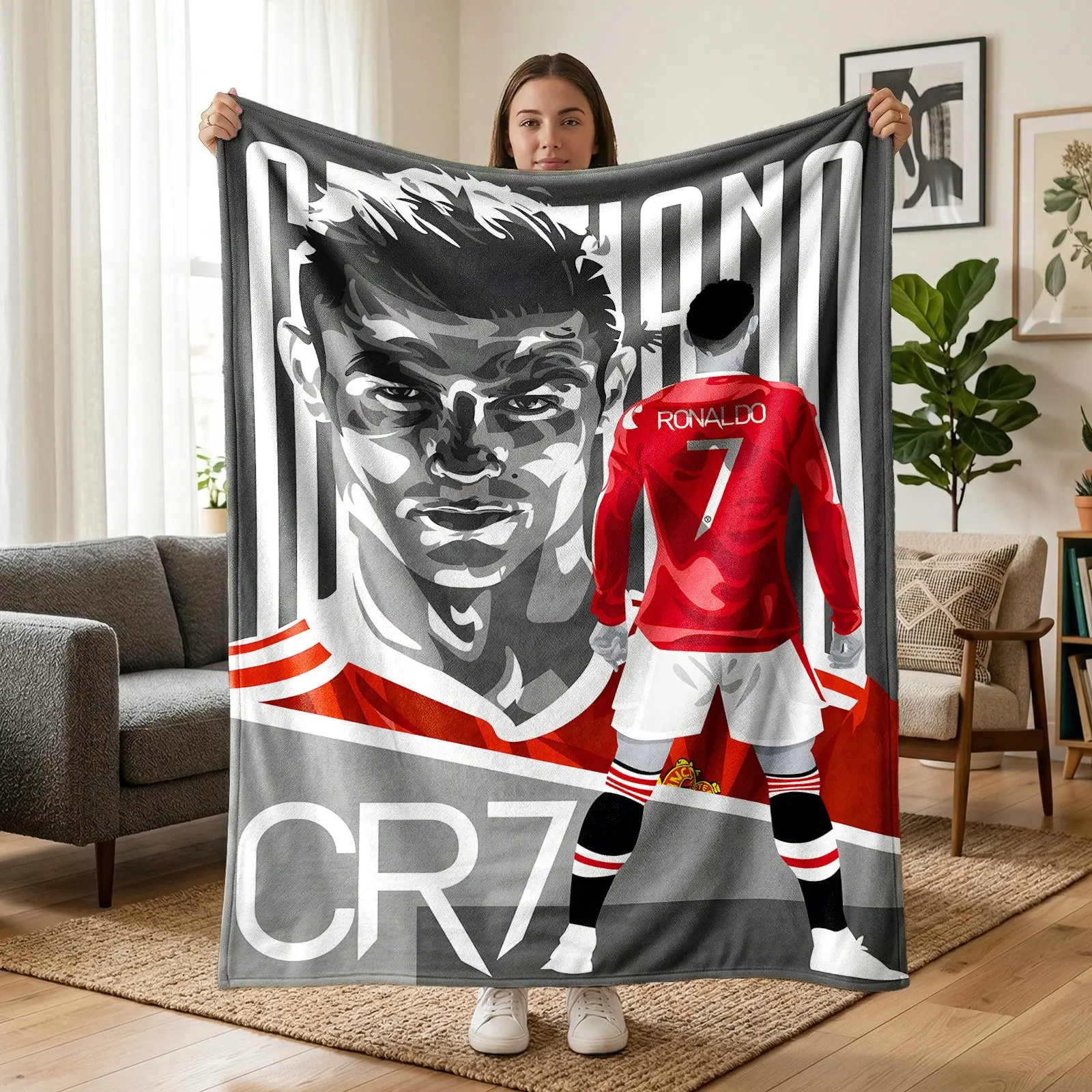 1pc Cristiano Ronaldo Themed Fleece Blanket, Graphic Throw Blanket, Ronaldo Portrait, No.7 Jersey, Soccer Field & Speed Lines All-Over Print, Red-Black Sports Poster Style. Soft Throw for Sofa, Bed, Office, Camping, Ideal for Fans & Christmas Gifts