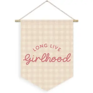 Toddler Girls Room Nursery Wall Decor Long Live Girlhood Linen Canvas Banner Pink Checkered Girly Wall Hanging Pennant Flag Banner for Kids Bedroom Wall Art 15x11in