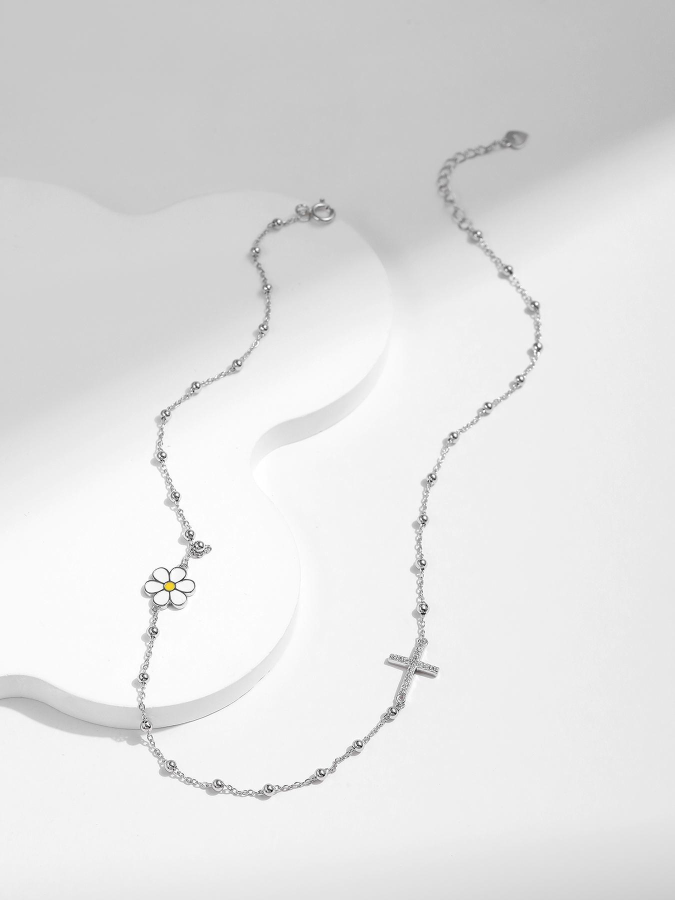 925 Sterling Silver Daisy & Cross & Beads Decor Necklace, Rhinestone Decor Fashion Jewelry for Party, Daily Clothing Decor, Trendy All-match & Exquisite Jewelry for Birthday Gift