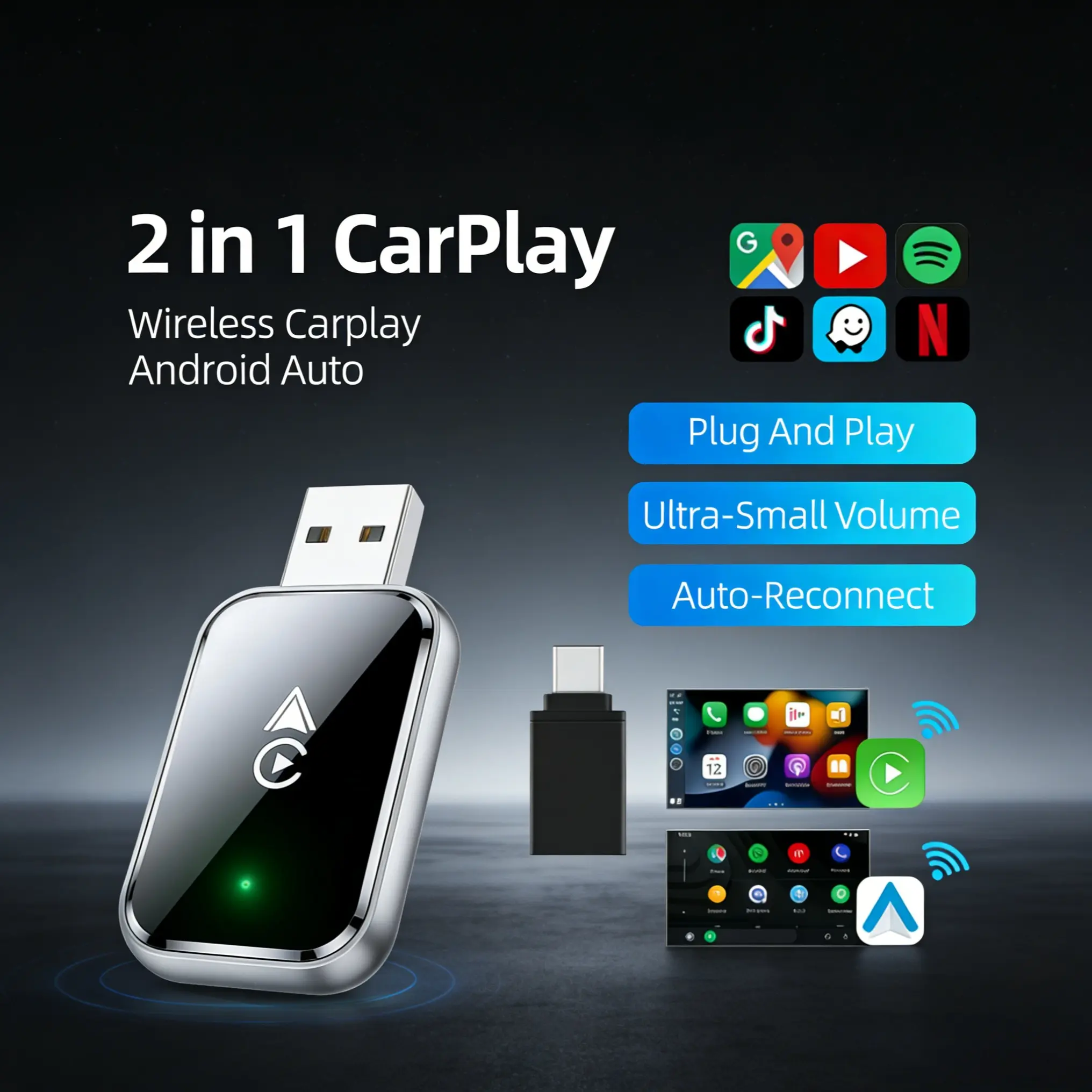 2026 Compact Carplay Adapter, Supports iPhone Android, Wired to Wireless, Stable Fast Connection, Hands-Free Calling, Automatic Pairing