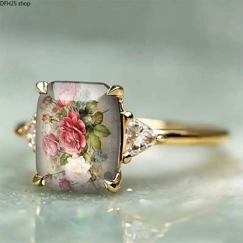 Floral Green Botanical Statement Ring For Women, Vintage Resin Jewelry Adjustable Finger Ring With Nature Inspired Artistic Design For Daily Wear Party Fashion Accessory Gift Lumina Accent Co