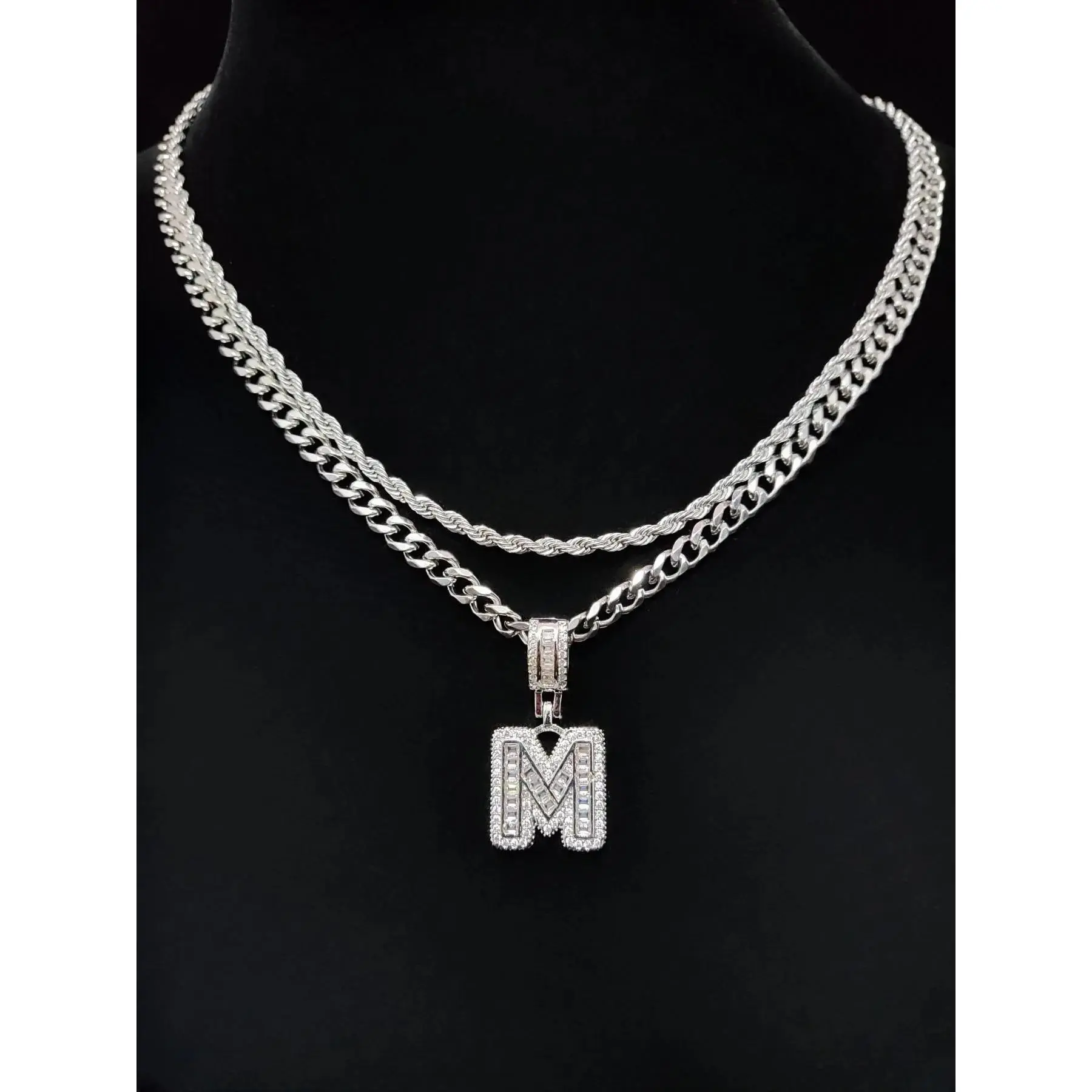 Stainless Steel Double Layer Initial Letter Pendant Necklace, Cuban Link Chain Hip Hop Jewelry, Versatile Accessory for Party & Birthday Gif