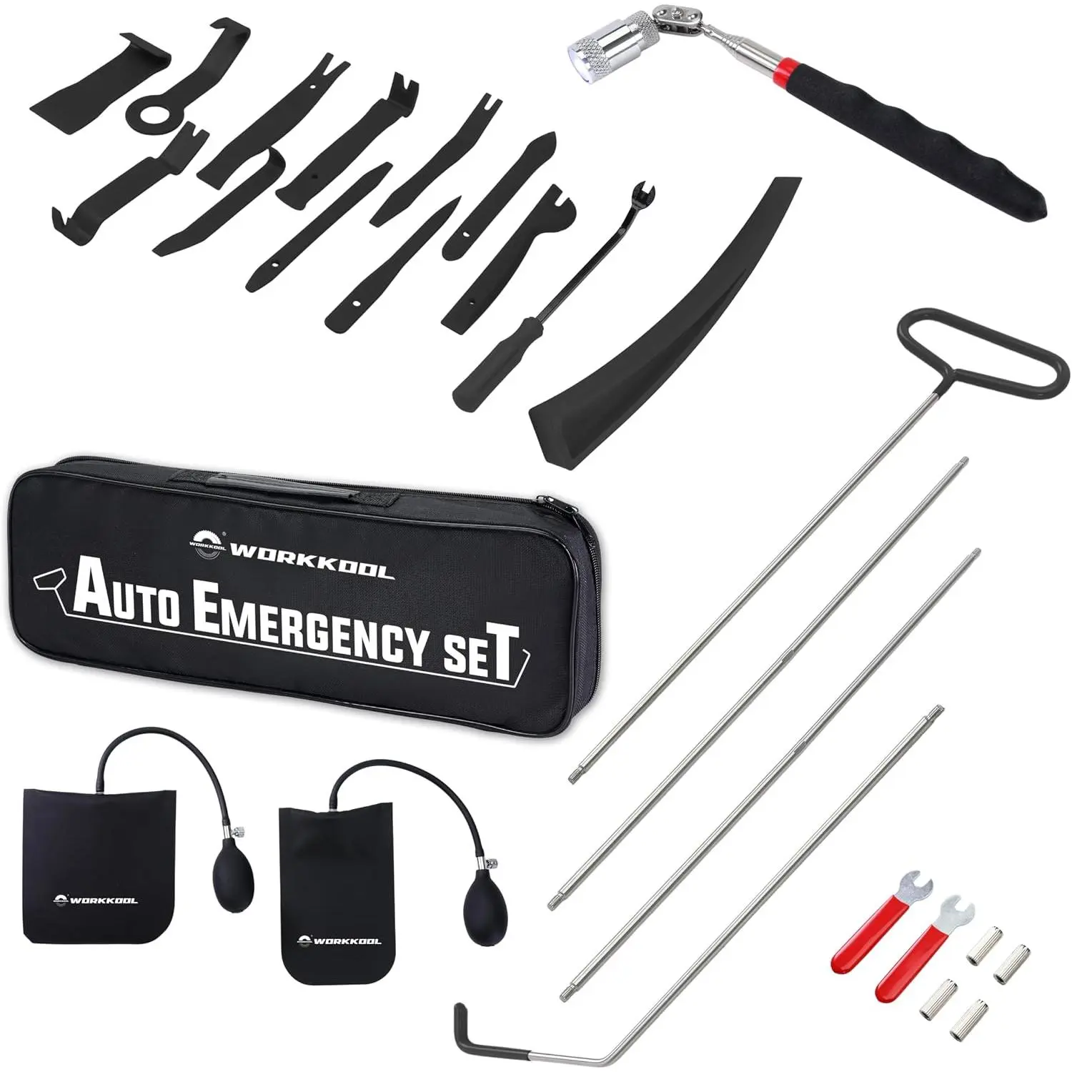 26 count  Tool Kit with Stainless Steel  5th Wheel Pin Puller,68 inches Long Distance Puller Hook, Air Wedge and  Pickup Tool with Flashlight