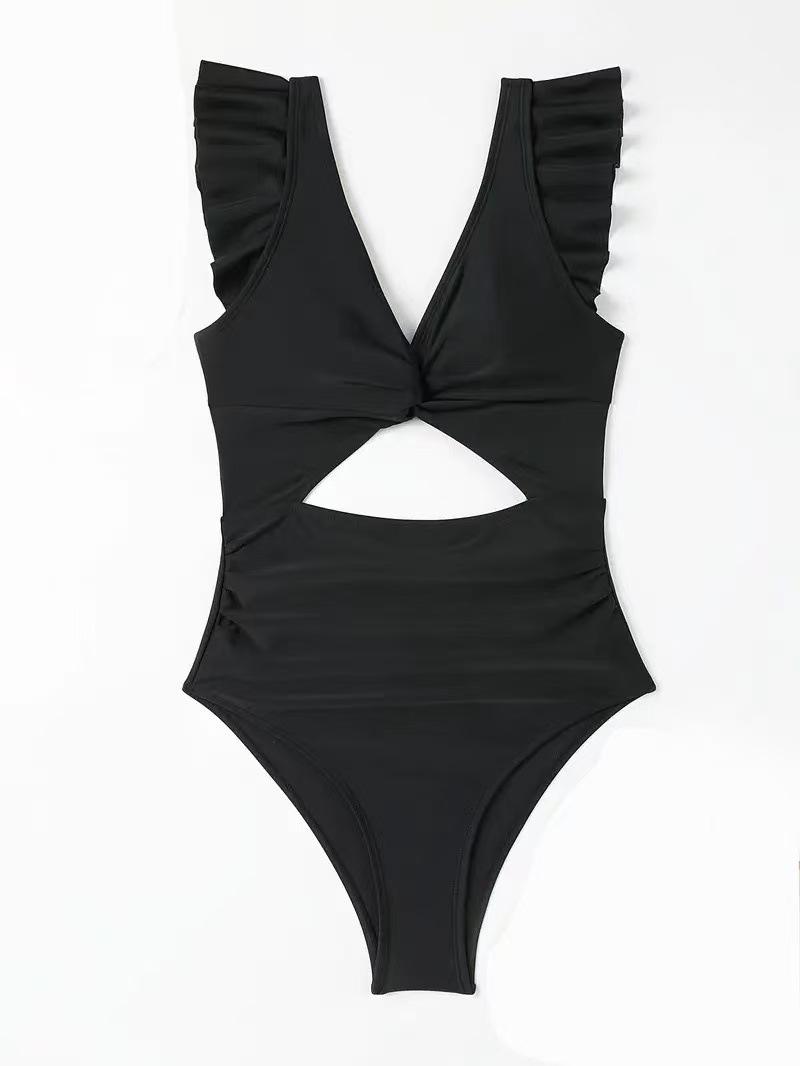 European and American style solid color sexy ruffled backless high-waisted hollow-out one-piece swimsuit