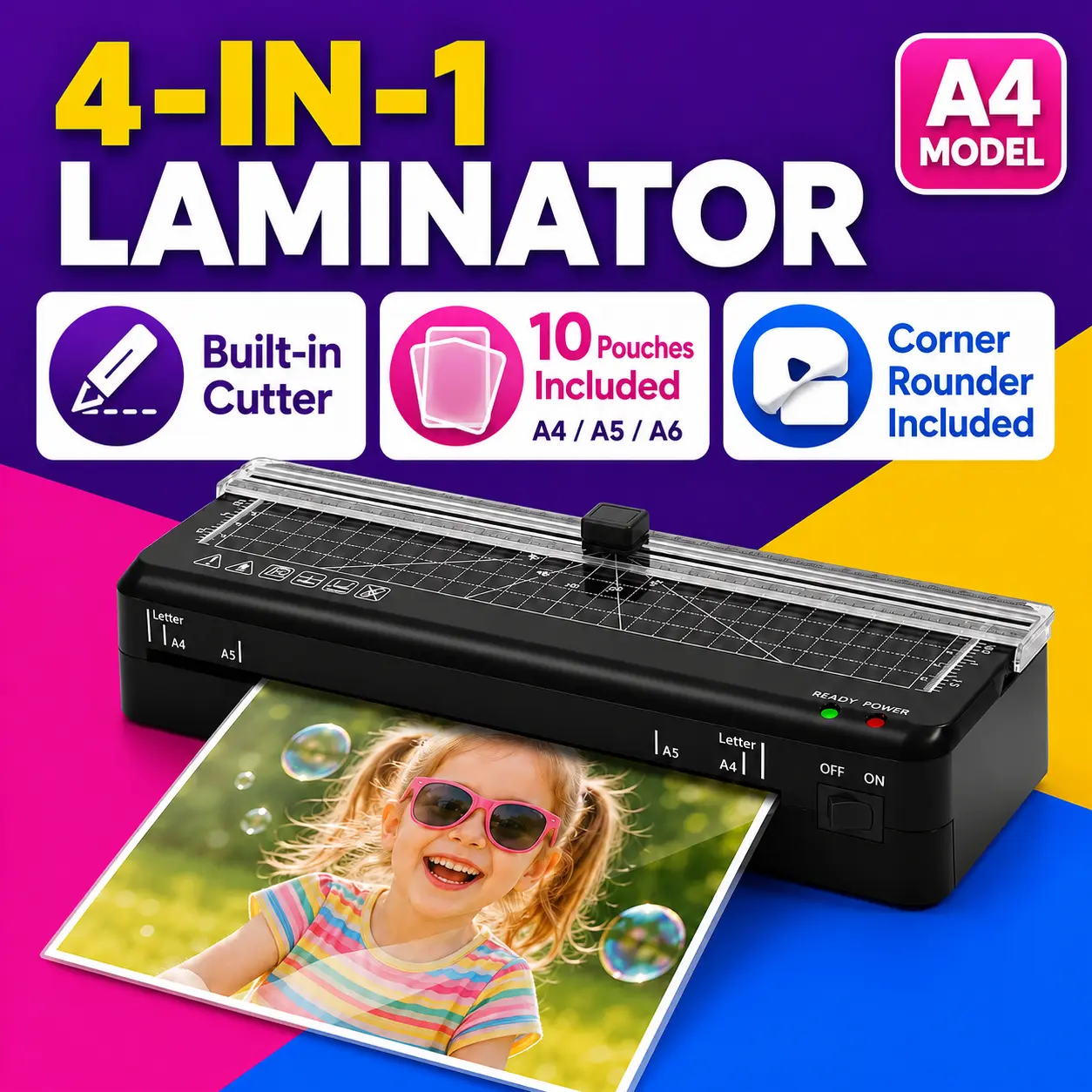 4 in 1 Laminating Machine A4 laminator with Integrated Cutter, 60s Warm Up, Never Jam Technology, Safe and Reliable Portable Laminater for Photos/Docs/Cards, Suitable for Family, Office and School, all in one laminator, laminatorkit