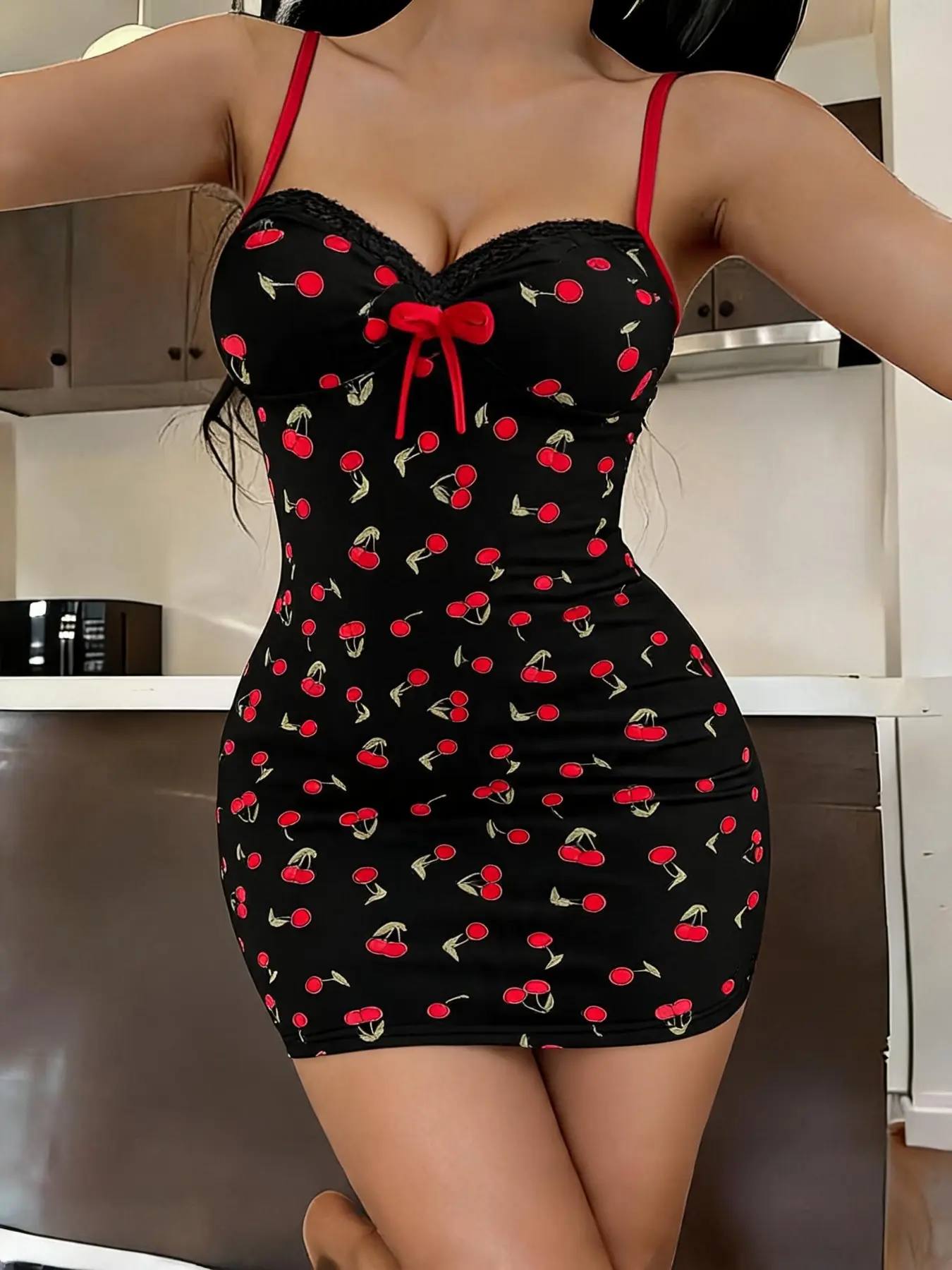 Women's Cherry Print Slim Fit Nightdress, Bow and Lace V Neck Camisole, Thin Strap Sleepwear, Sexy Home Dress