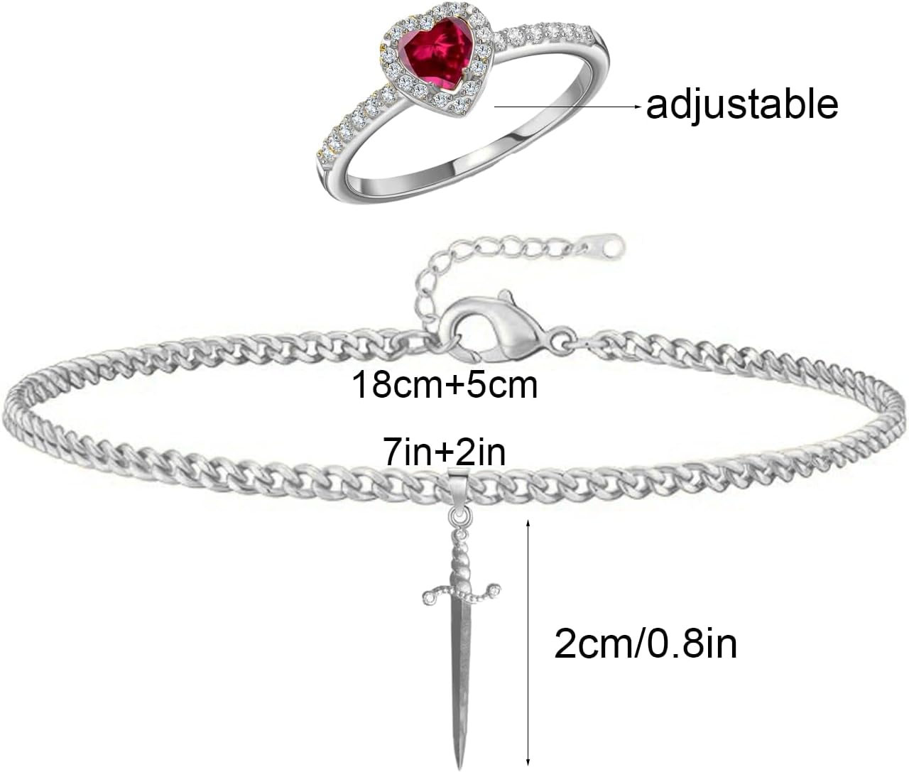 Heart Ring Sword Bracelet Set for Couple Gold Silver Heart Ring Sword Link Chain Bracelet Red Gemstone Promise Ring for Her Sword Through Heart Valentine Anniversary Trendy Jewelry