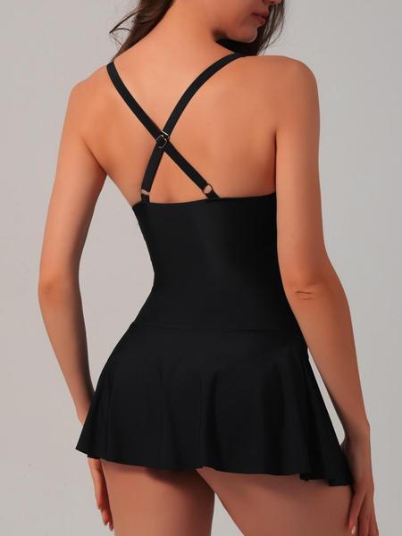 Women's 2 in 1 Criss Cross Ruched Knot One-Piece Swimsuit, Solid Color Sleeveless V Neck One-Piece Swimwear for Beach Holiday Vacation, Ladies Swimsuit for All Seasons