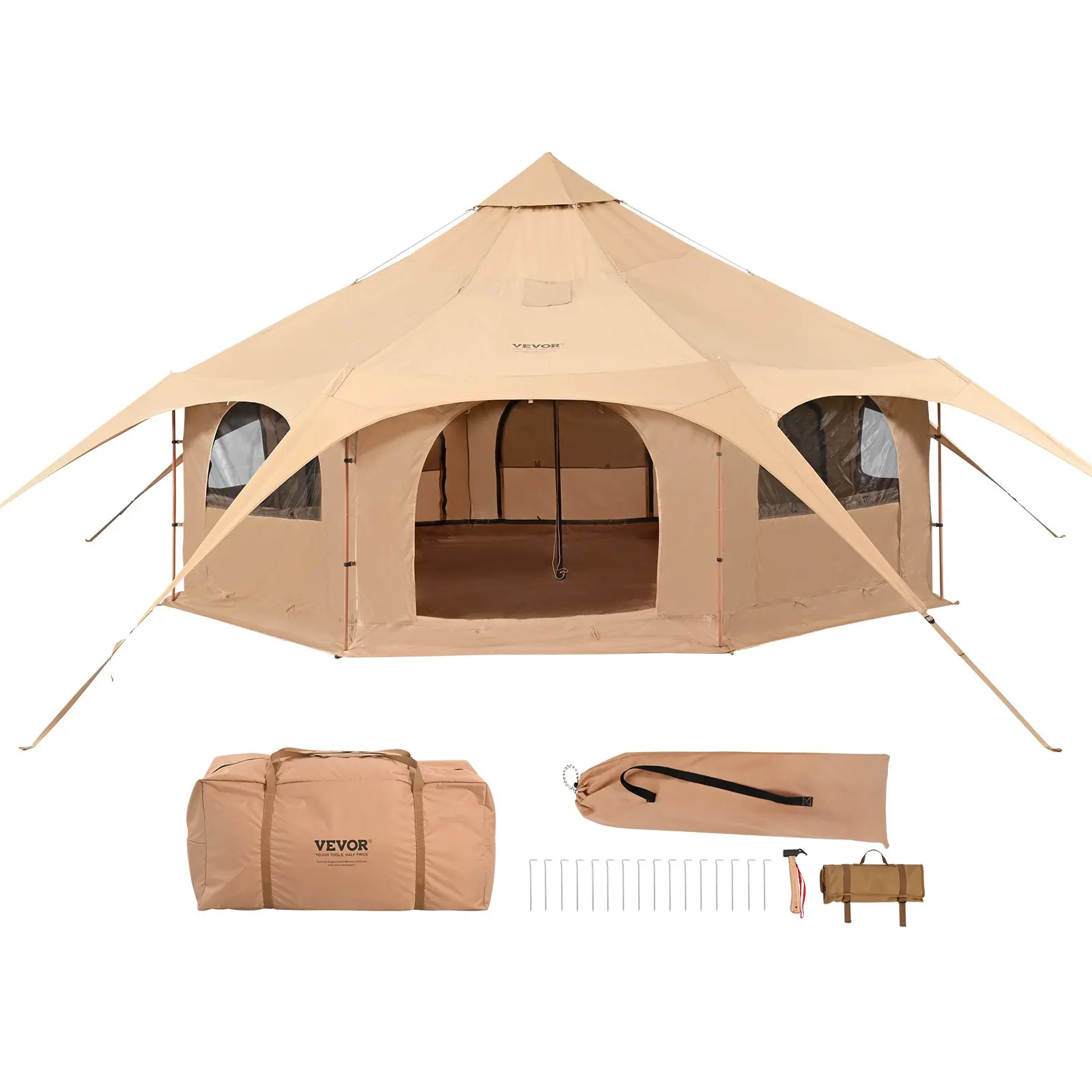 【Summerfinds】VEVOR Canvas Tent, 4 Seasons 5 m/16.4 ft Bell Tent, Canvas Tent for Camping with Stove Jack, Breathable Yurt Tent for up to 8 People, Family Camping Outdoor Hunting Party