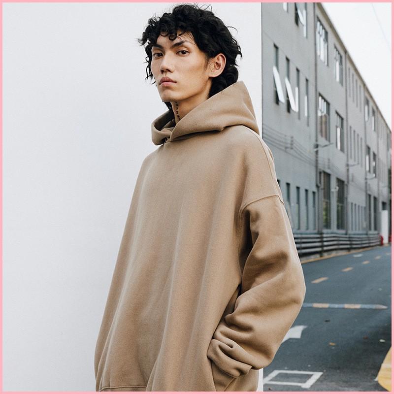 Trendy Brand Velvet Thickened Couple Hoodie Dropped Shoulder Casual Loose Solid Color Hooded Sweatshirt For Men