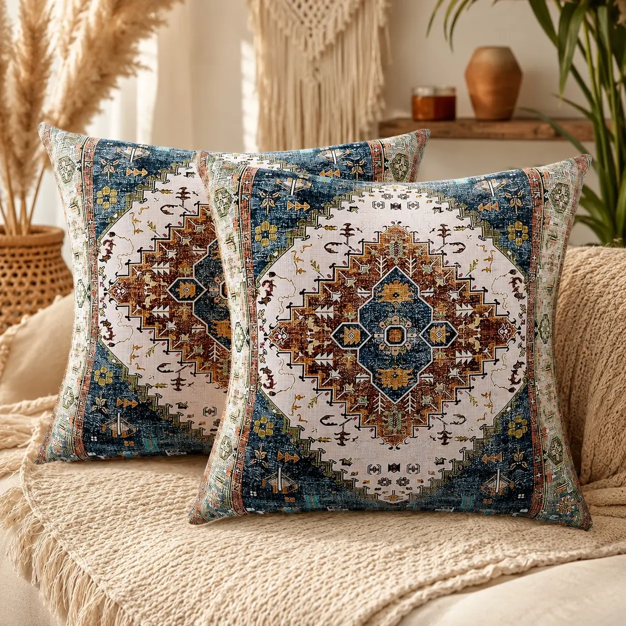 2PC 18x18"/20x20" (45/50cm) Multi-Color Boho Mandala Pillow Covers | Vintage Bohemian Couch & Patio Decor | All-Season Home Essential & Holiday Must-Have 🌻 | Perfect Gift Choice for Friends & Family | Outdoor Cushion Covers