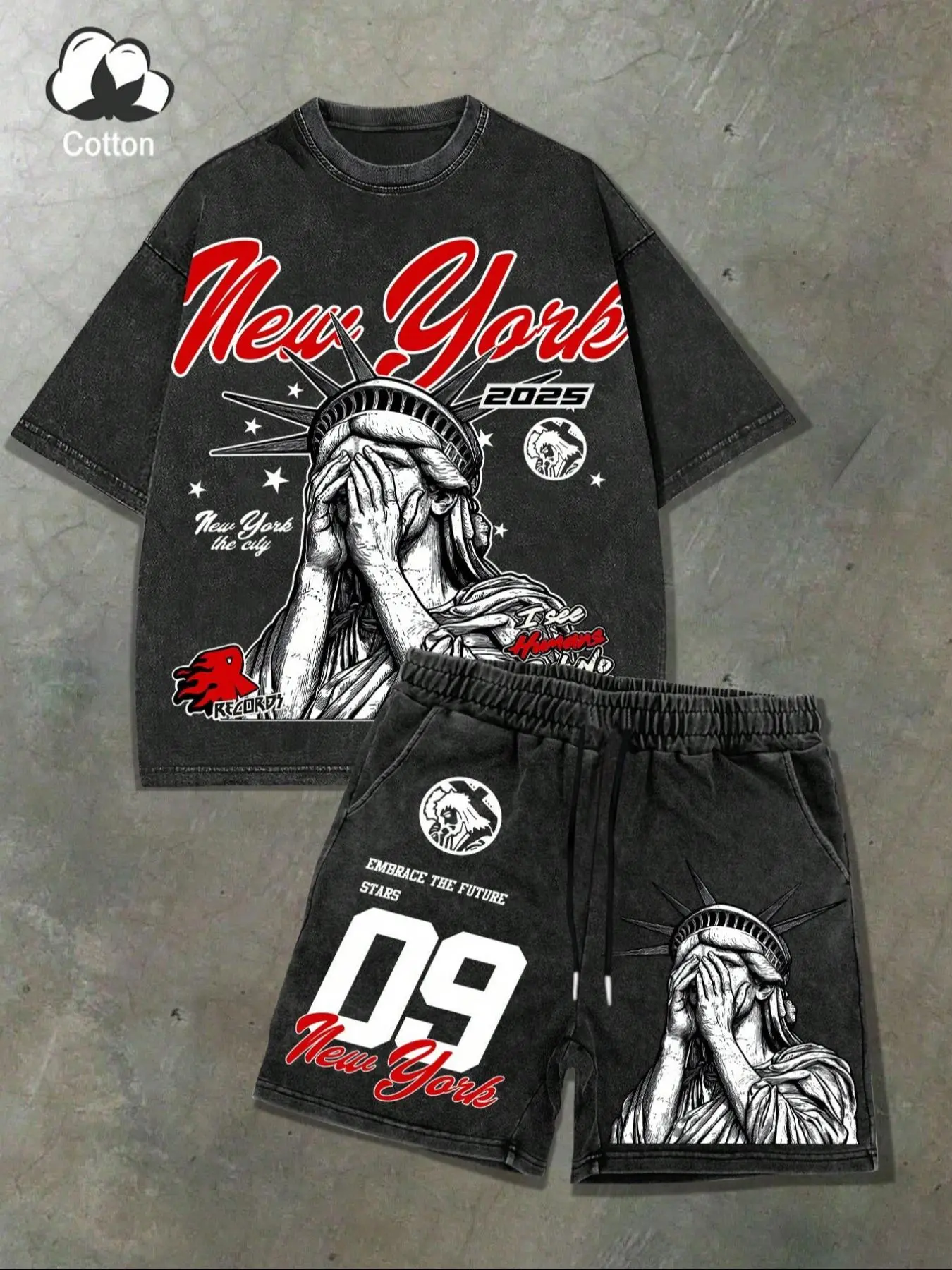 Men's Statue of Liberty Print Tee & Shorts Pyjama Pattern, Regular Fit Casual Comfy Round Neck Short Sleeve T-Shirt & Shorts PJ Set, Casual Pajamas Outfit, Men's Sleepwear Pajama Set Loungewear for Summer, Cotton Pjs, Pyjamas Set, Nightwear Loungewear Set