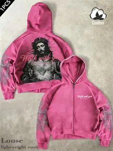Same design for men and women. Dark-themed Jesus and “Walking with God” slogan print on retro-American-style washed cotton with zipper hoodie. Perfect for warm weather in spring and autumn. Suitable for Christian attire. Ideal for casual, everyday, and pr