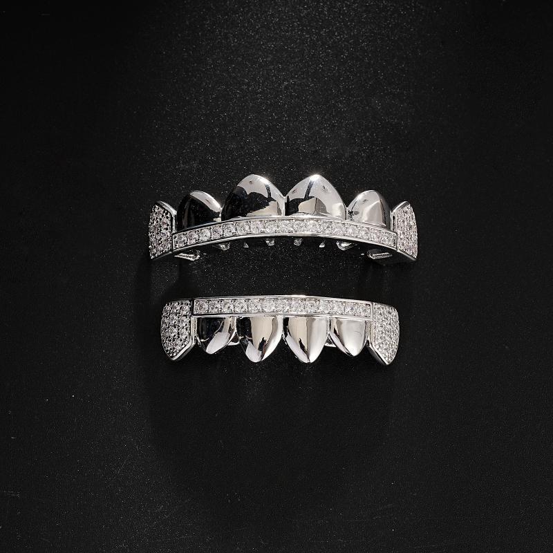 Iced Out CZ Mens Teeth Grills 2pcs Set - Golden Color Plated Grillz for Men - Fashionable & Eye-Catching - Perfect Gift for Hip-Hop Lovers Oral