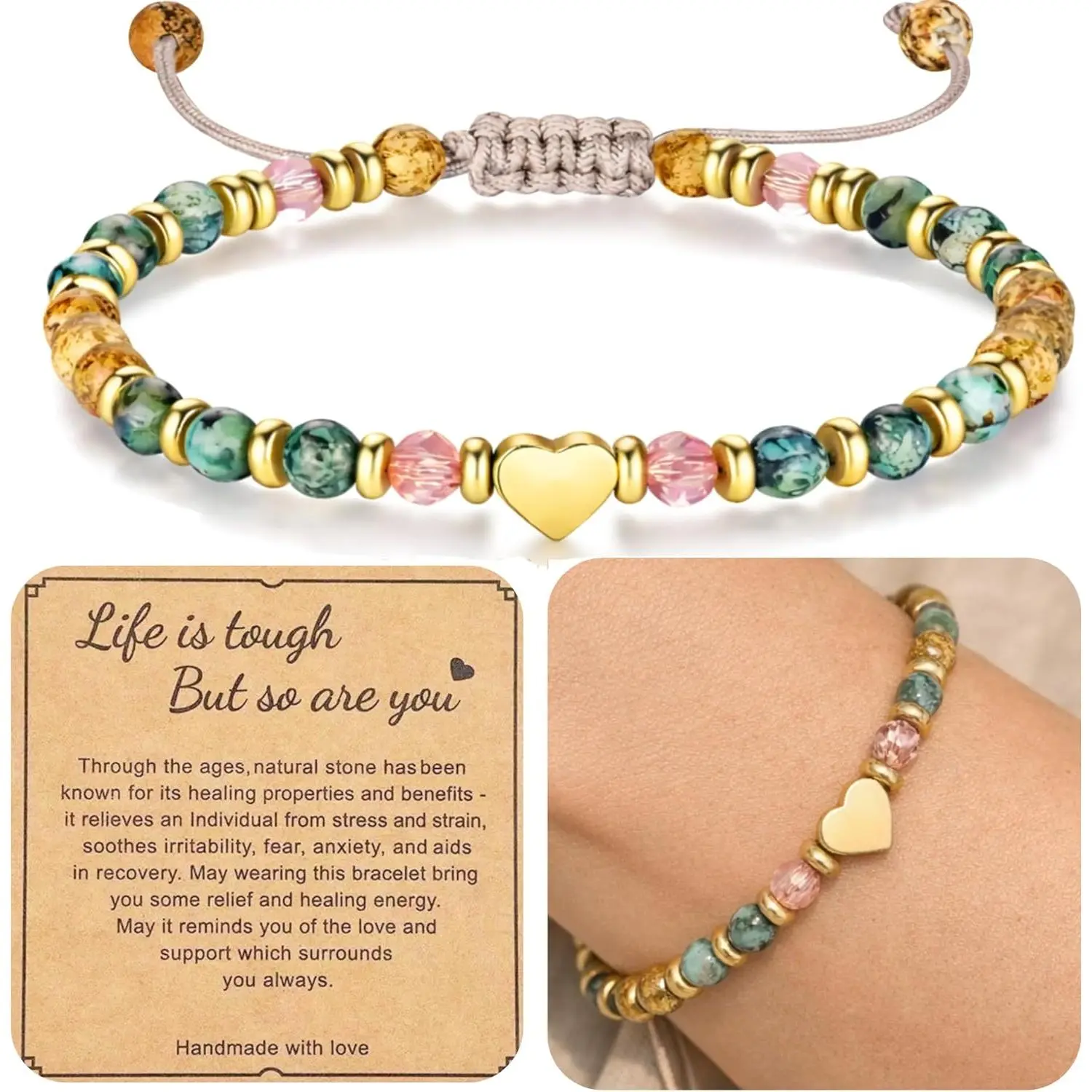 Handmade Healing Bracelet for Adults with Natural Strawberry Quartz & Jasper, Adjustable 5–11 Inches with Heart Charm, Encouragement Gift for Anniversary, Fathers Day & Stocking Stuffers, Thanksgiving, Mothers Day, Spiritual Gifts