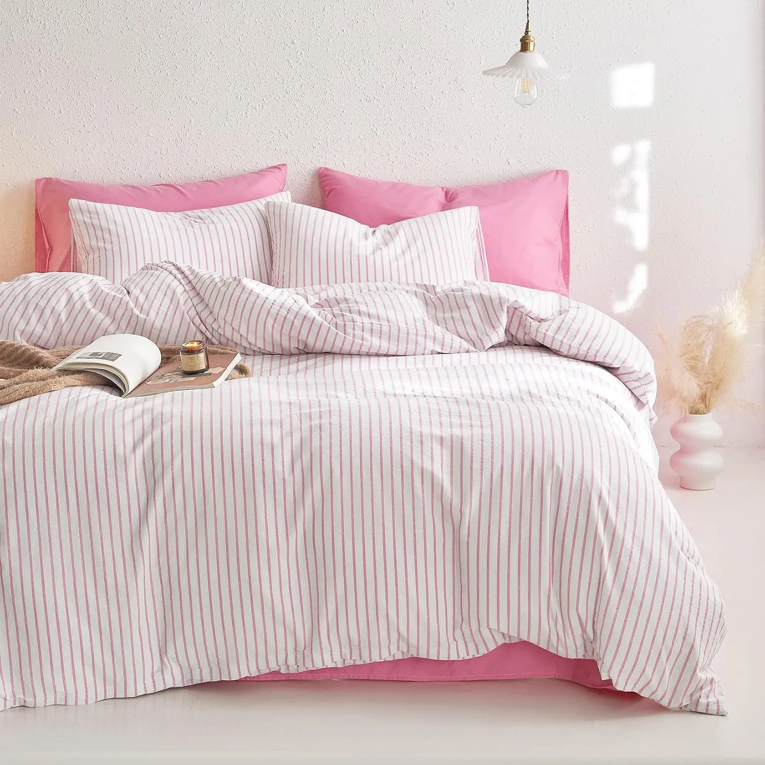 Striped Cotton Duvet Cover Set, Ticking Stripe Vertical Pinstripe Farmhouse, 100% Washed Cotton Textured Bedding Set, 3 Pieces, Pink White, Queen Size