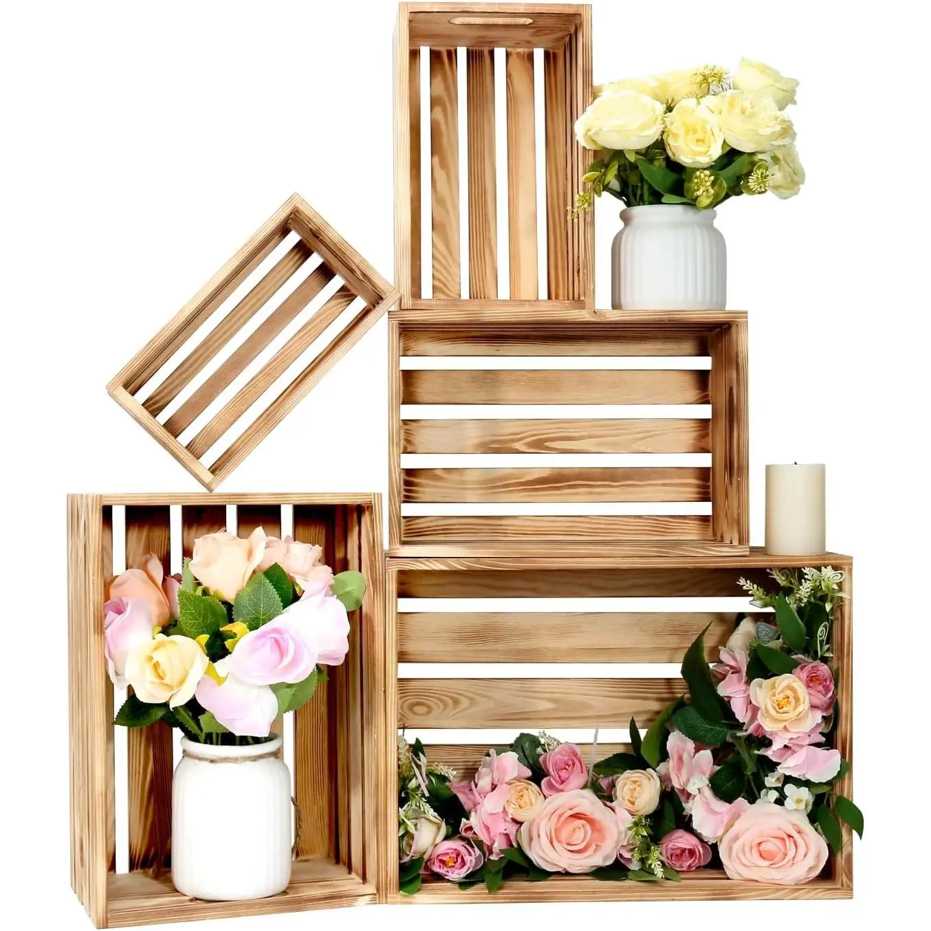 5 Pcs Decorative Wood Crates for Display, 5 Size Large Farmhouse Wooden Basket for Storage Container and Decorations, Rustic Nesting Crates Decor Boxes with Handle