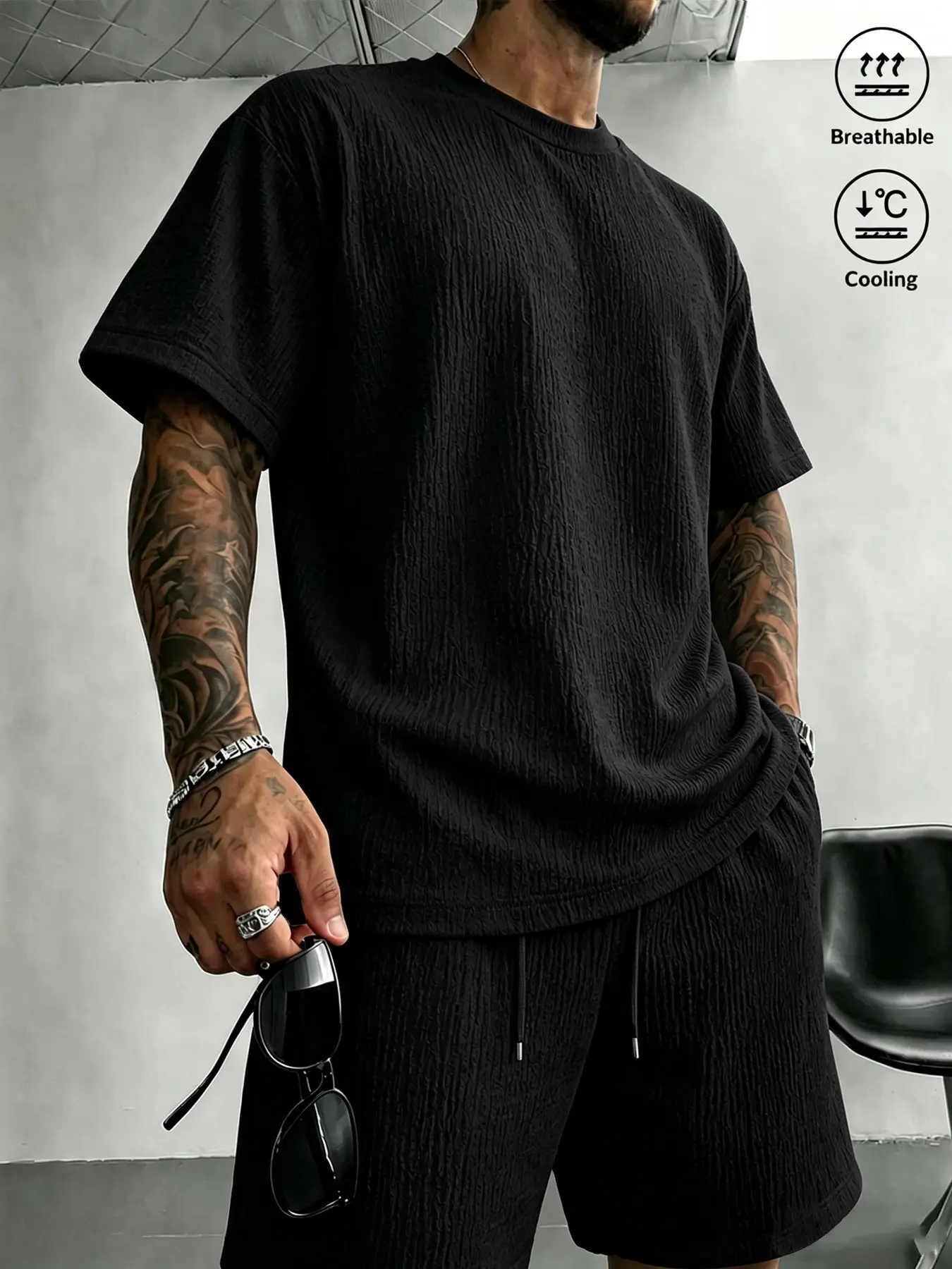 Men's Summer 3D Pleated Cool Bubble Jacquard Set, Loose Drop Shoulder Short Sleeve + Straight Leg Shorts, Breathable and Non-Sticky