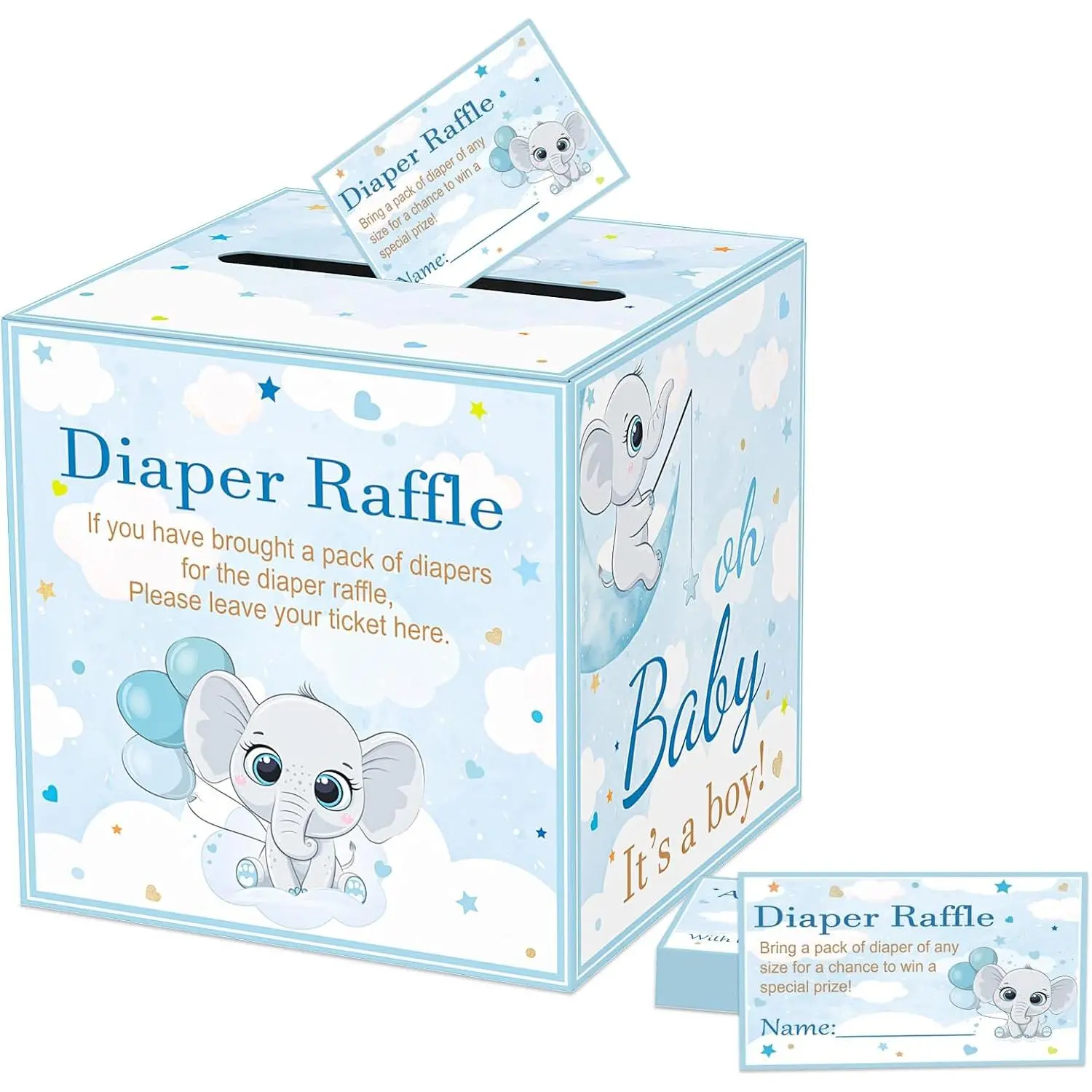 50 count Diaper Raffle Tickets  Shower  Invitations Diaper Raffle Cards Box Set for  Shower  Party Supplies Card Box ( Elephant)
