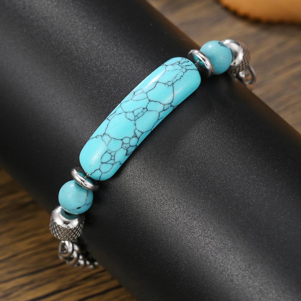 New Vintage Boho Turquoise Bracelet for Women, Natural Healing Crystal Stone with Stainless Steel & Titanium Steel Chain Mixed Bracelet, Waterproof Non-Tarnish Stackable Jewelry, Western Bohemian Style Wristband for Daily Wear, Party, Vacation, Perfect Gi