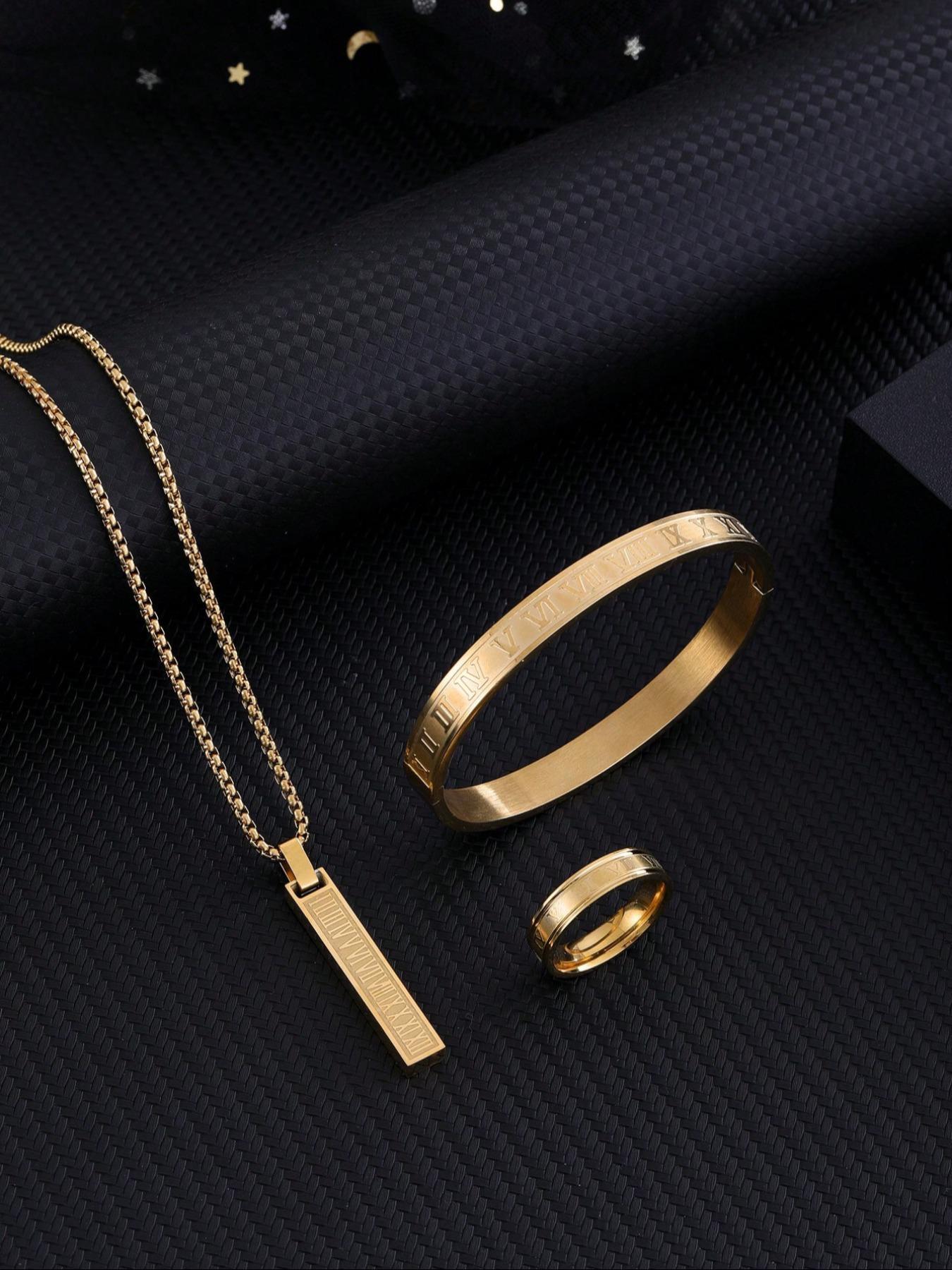 Men's Minimalist Temperament Stainless Steel Jewelry Set, Casual Trendy Letters Engraving Pendant Necklace & Bangle & Ring, Fashion Accessories for Daily Wear