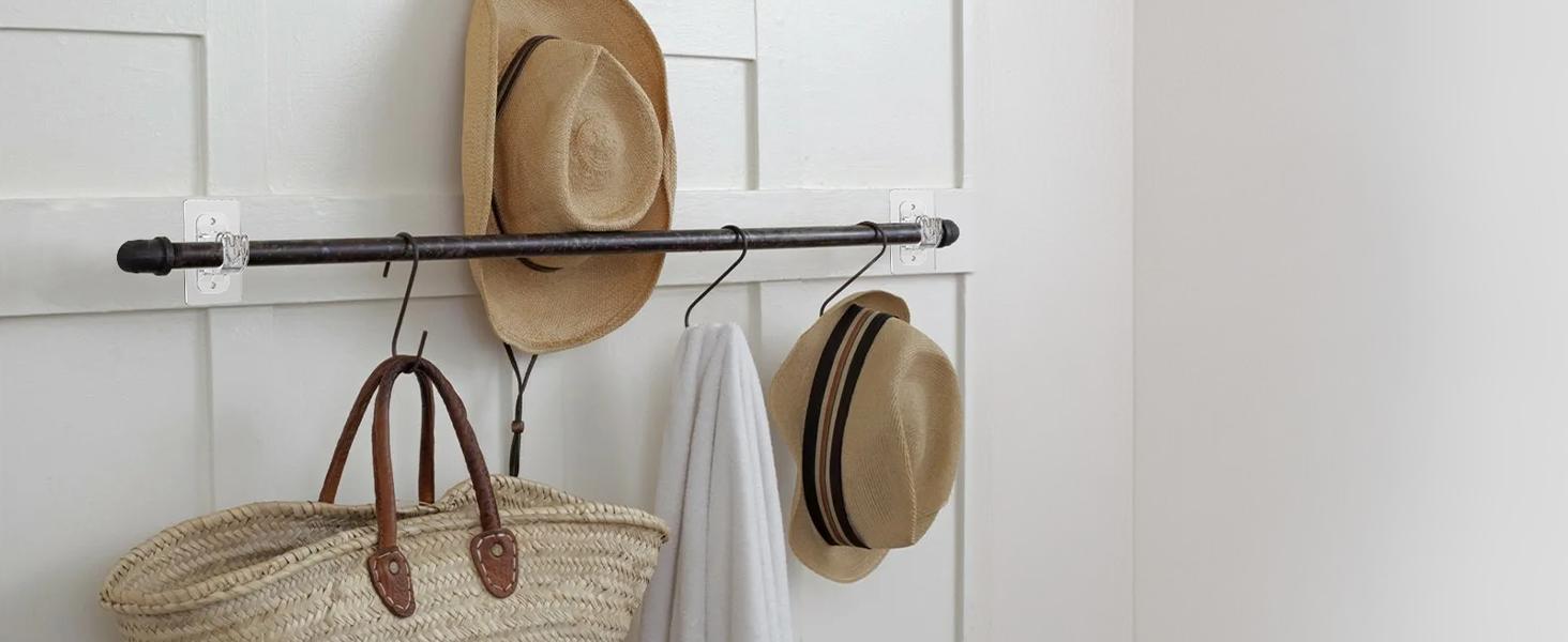 No Rod Bracket Holders, (8 Pack) Self, No-Nail Stick on Wall Rod Hangers for Bedroom and Livingroom