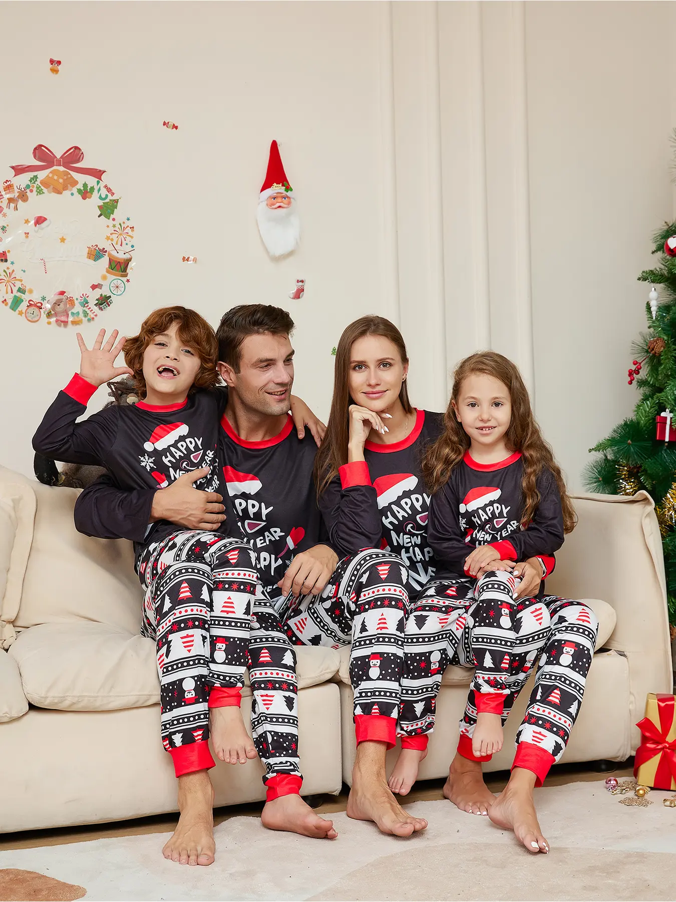 Family Matching Christmas Pajamas Set for 4, Santa & Tree Print Two-piece Loungewear with Red Trim, Soft Breathable Knit, Perfect for Xmas Photos, Party & Daily Sleep