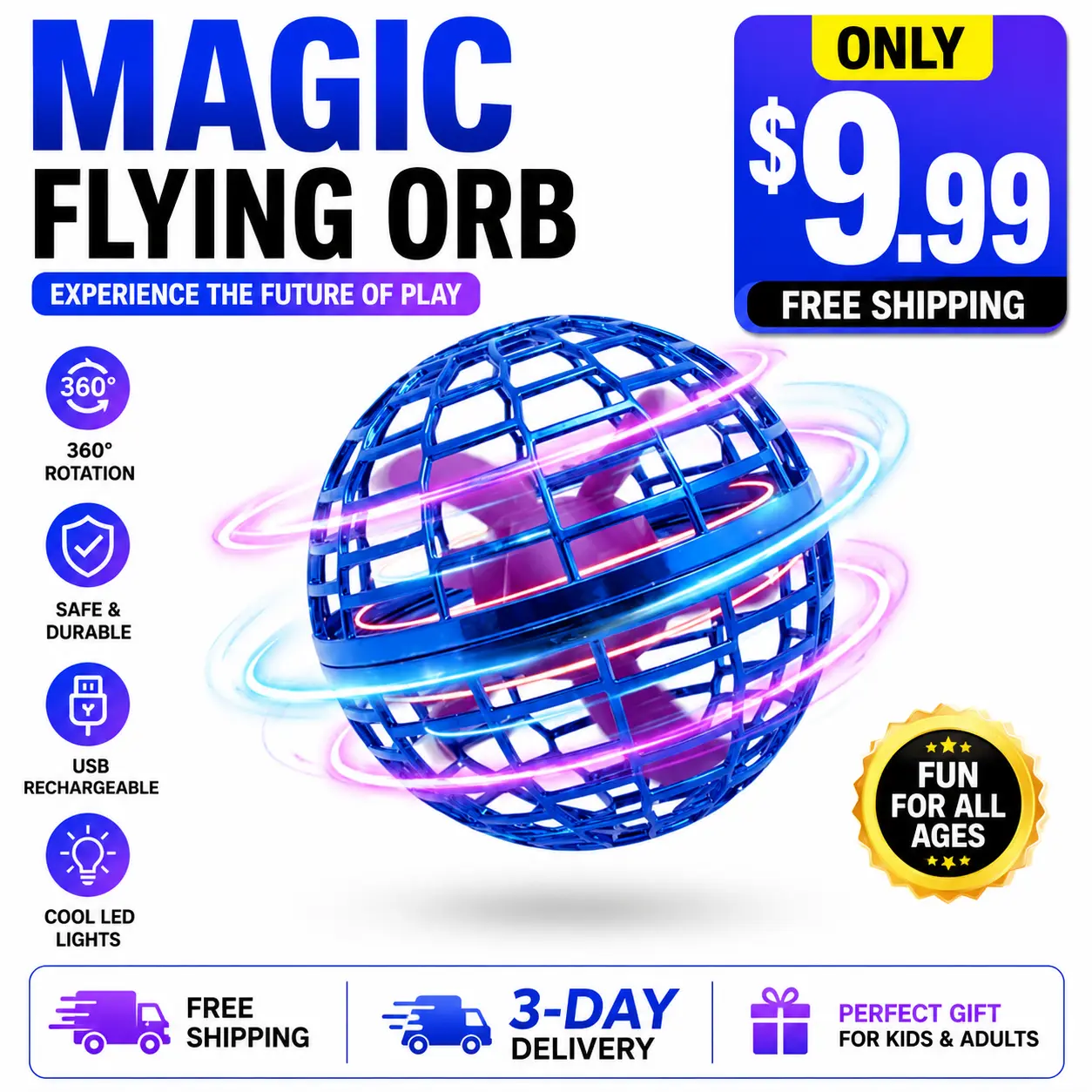 2026 Upgraded Spherical Flying Orb Ball - Dazzling Lights Magic Hover Spinner Cool Boomerang Drone Floating Cosmic Globe Stress Relief Toy with Power Button, Abs-Infused Kids Gift for 6-8/9-10+ Year Olds, Multiplayer Games Compatible