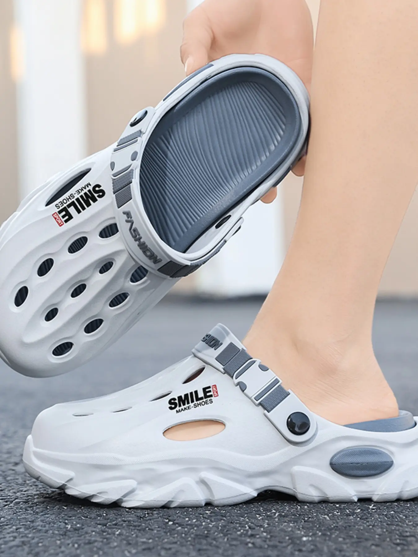 Breathable Perforated Clogs for Men, Adjustable Strap & Shock-Absorbing Wave Sole, Lightweight EVA Construction, Non-Slip Slippers Ideal for Commuting, Walking, Errands and Summer Casual Use - All-Day Support