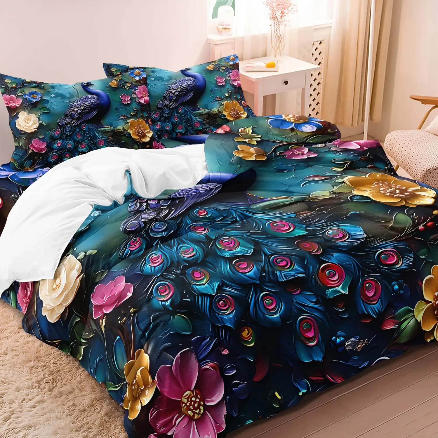 3 Pieces Dark Teal Iridescent Peacock Tail Floral Tropical Art Pattern Bedding, Vibrant Peacock Flower Print Duvet Cover Set, Machine Washable Soft Breathable Bedding Linen (1 Duvet Cover + 2 Pillowcases, No Comforter No Pillow)