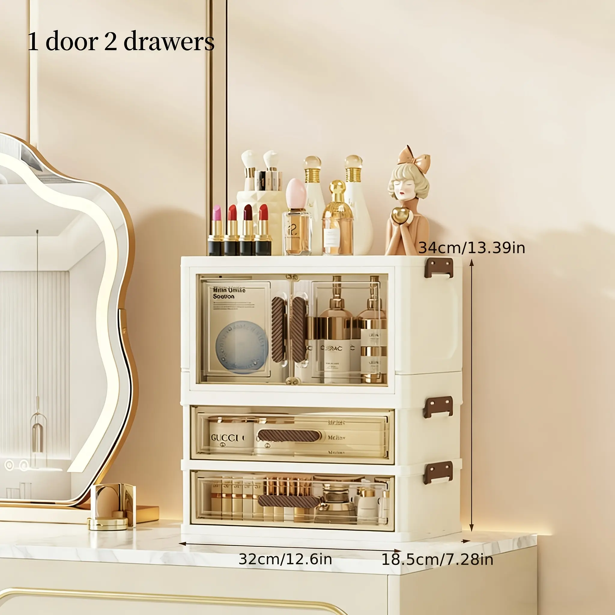 A stackable desktop organizer with drawers and compartments, ideal for storing cosmetics, beauty tools, jewelry, and school supplies in student dormitories. Equipped with a convenient self-closing door handle