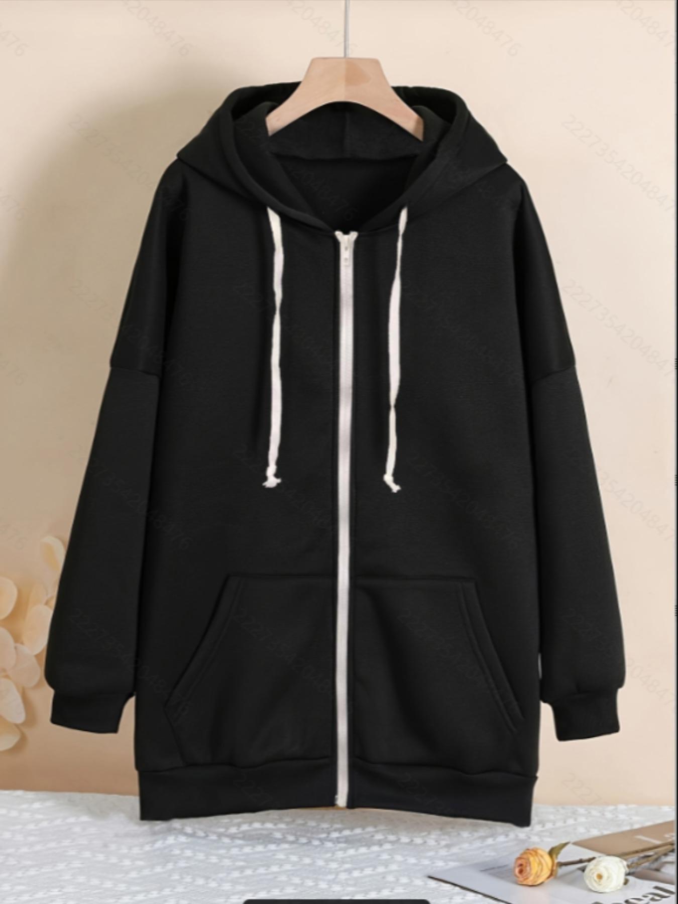 【Plus Size】 Basic Solid Zip Up Hoodie, Casual Drawstring Pocket Long Sleeve Hooded Sweatshirt for Fall & Winter, Women's Clothing for Daily Wear, Womenswear
