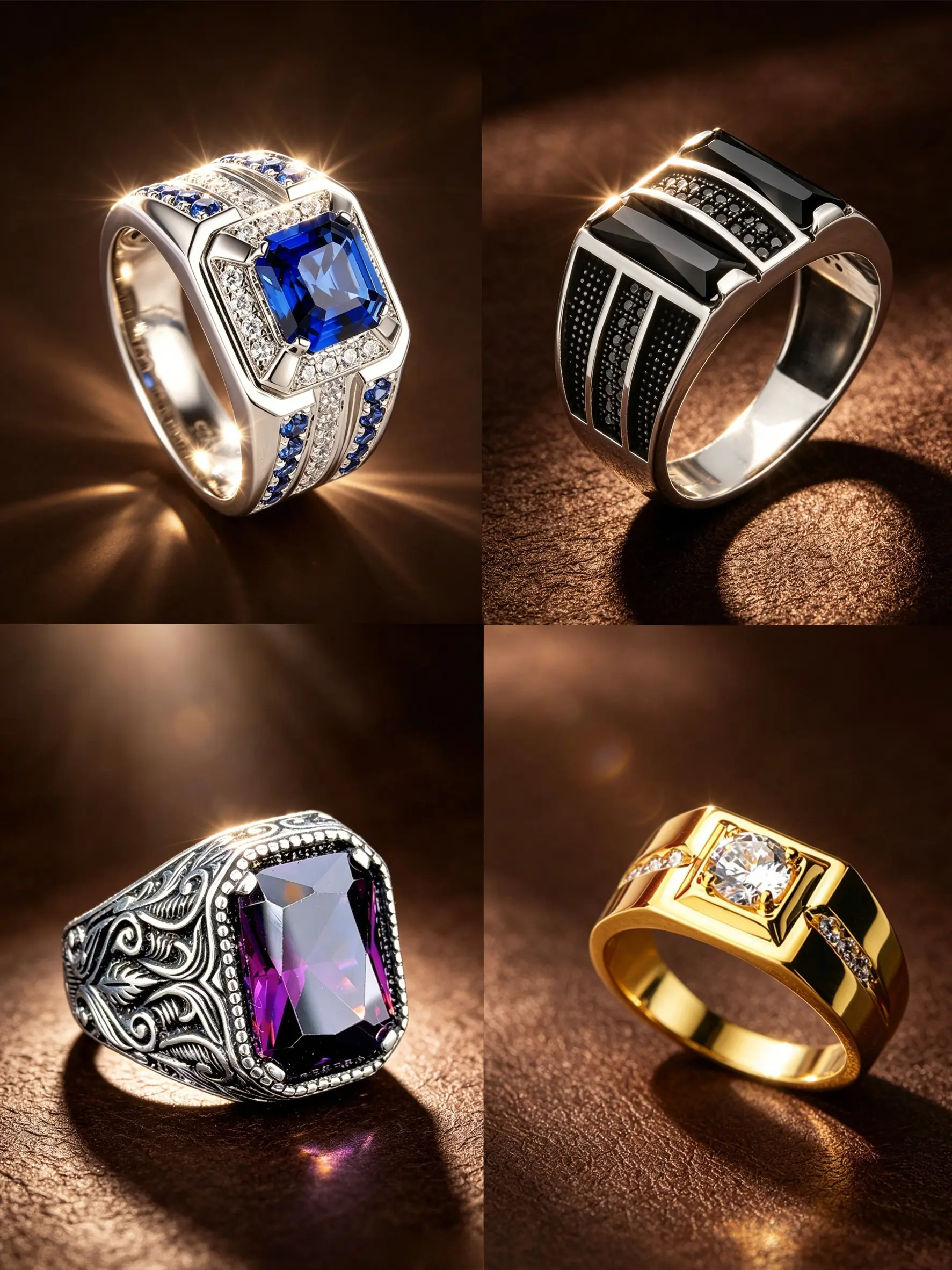 Vintage Luxury 4 Piece Men's Wide Signet Ring Collection, Four Unique Styles With Large Simulated Gemstones: Princess Cut Blue Sapphire, Striped Black Onyx, Scroll Engraved Amethyst, Minimalist Clear Crystal, Silver Plated & Gold Plated Polished Alloy