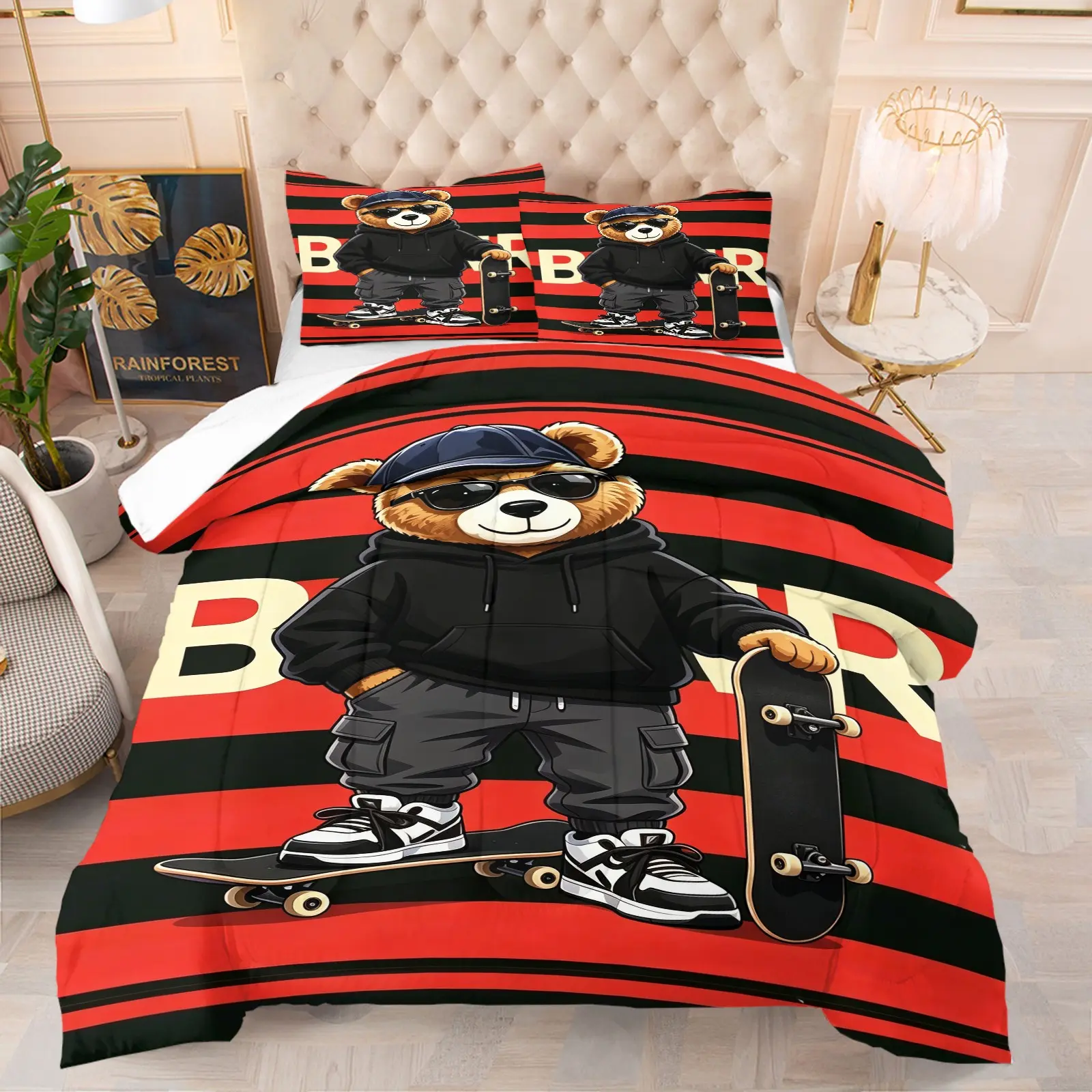 Bear print pattern set, including 1 blanket and 1 or 2 pillowcases without pillowcases, soft children's and adult bedroom decoration gifts