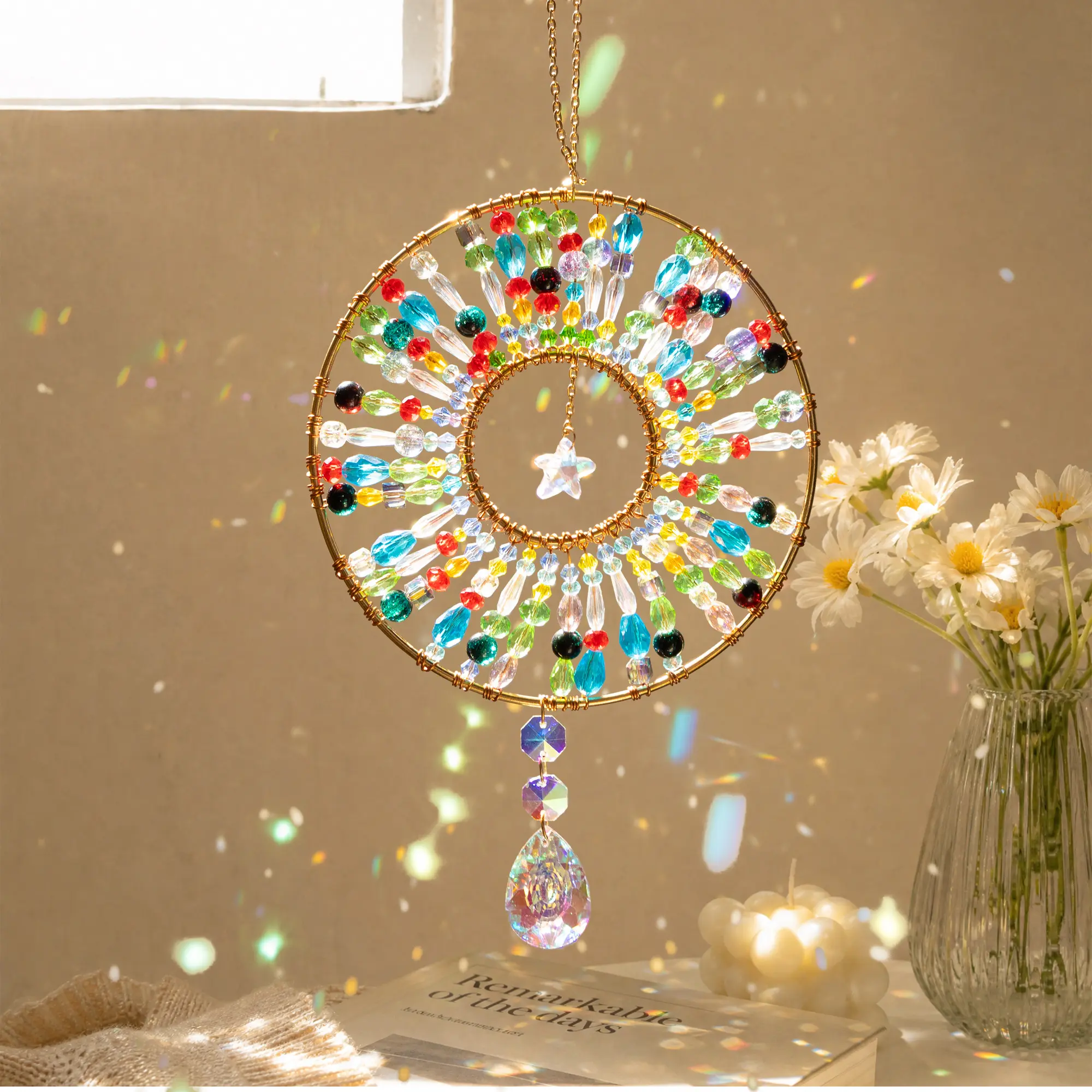 Handcrafted Colorful Beaded Sun Catcher, Gold Wire Wrapped Mandala Hoop Sun Catcher Window Prism, Iridescent Crystal Star Hanging Decoration for Indoor Outdoor Garden Wall Art