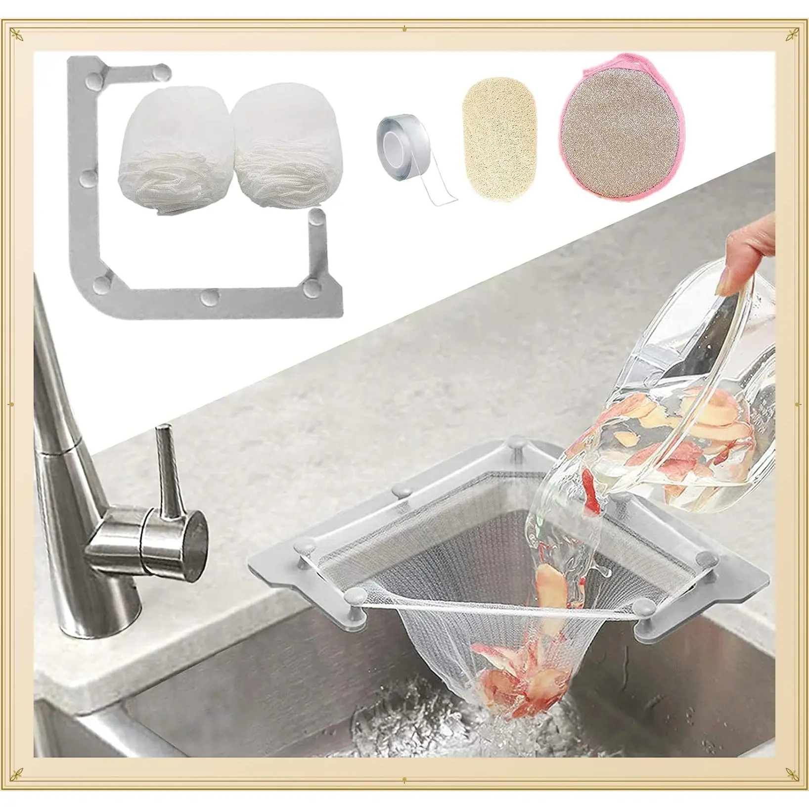 Kitchen Sink Triangle Tri-Holder Filter, Sink Drain Strainer with Triangular Gray Rack and 100PCS Large Filtering Mesh Bags for Kitchen LeftoverGift
