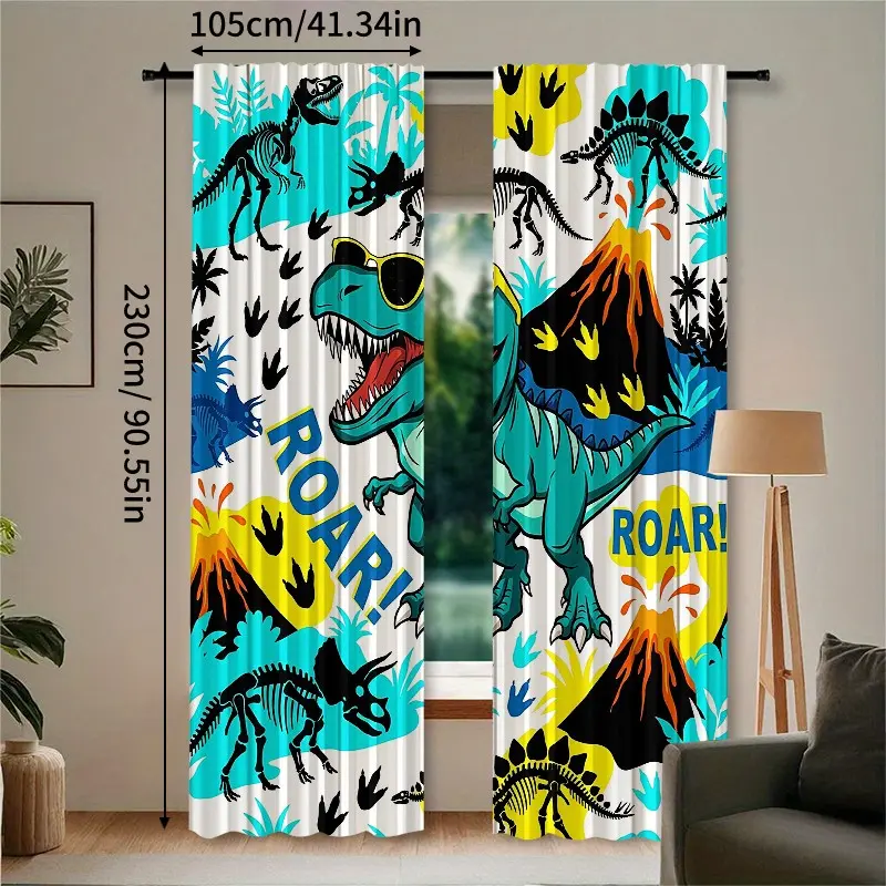 2-Pack Cartoon Tyrannosaurus Rex Curtains, Dinosaur Fossil & Volcano Print, Fun Jurassic Theme Half-Blocking Drapes for Boys' Bedroom