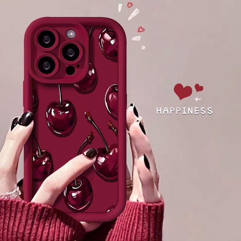 A stylish deep red cherry pattern soft TPU shockproof anti-drop full-coverage phone case, compatible with iPhone 17/16/15/14/13/12/11/x/xs/xsmax, a gift for friends, family, and yourself.
