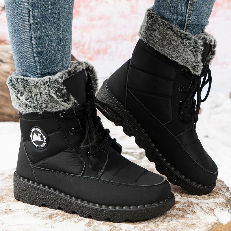 Women's Snow Boots Insulated Waterproof Winter Boots for Women Warm Fur Lined Booties High-heeled Snow Boots Lace-Up Mid-Calf Design Faux Fur Cozy Warm Black