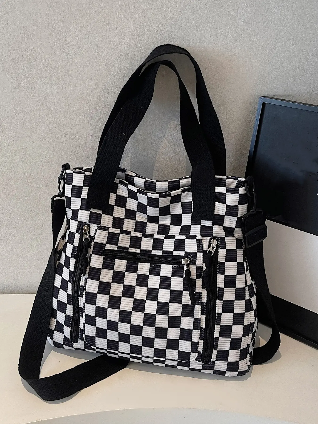 Chessboard Pattern Women's Tote Bag, Large Capacity Commuter Handbag Shoulder Bag, Casual Versatile Multi-Pocket Crossbody Bag for Daily Use